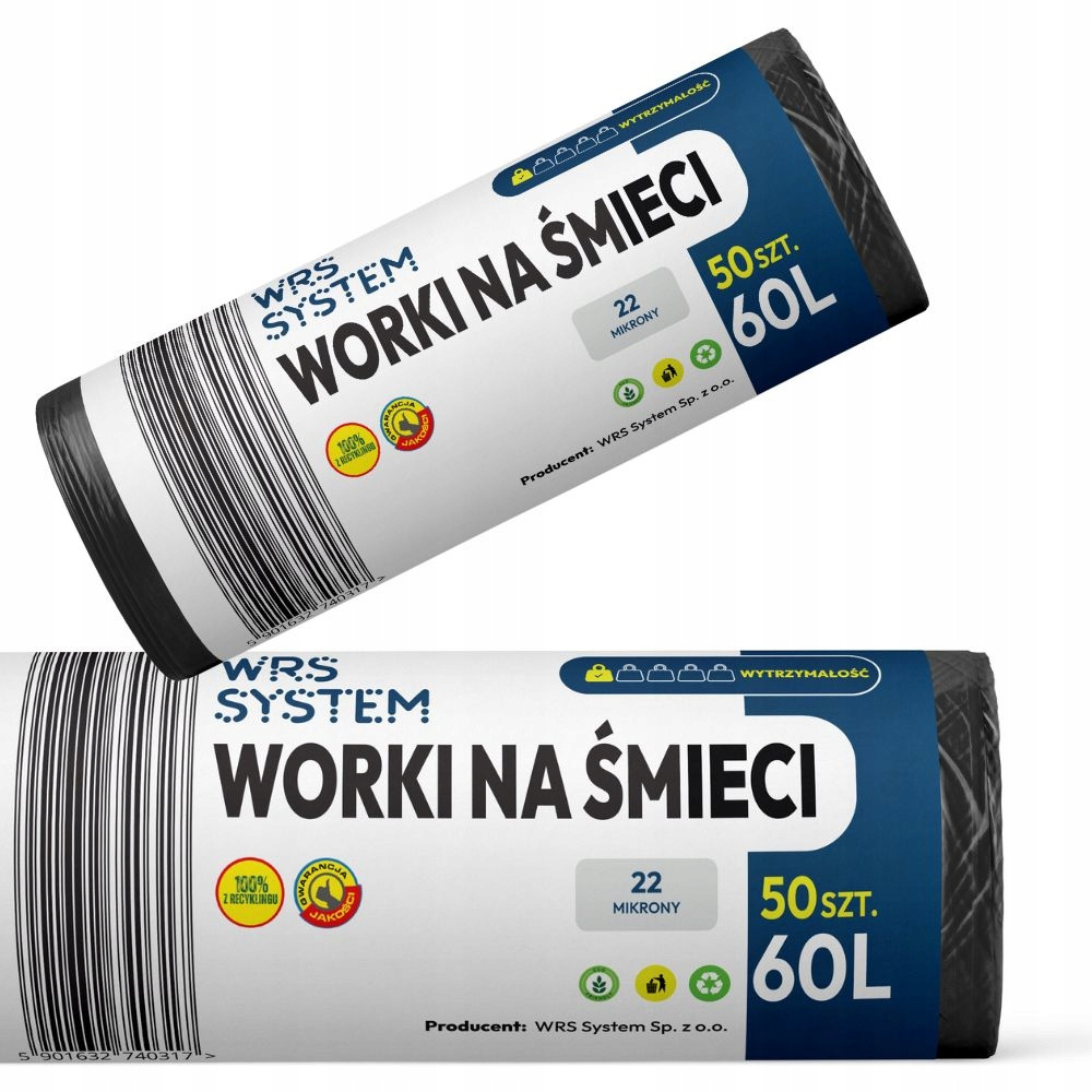 worki na śmieci 60l czarne - 50 sztuk na rolce - mocne worki na odpady -  