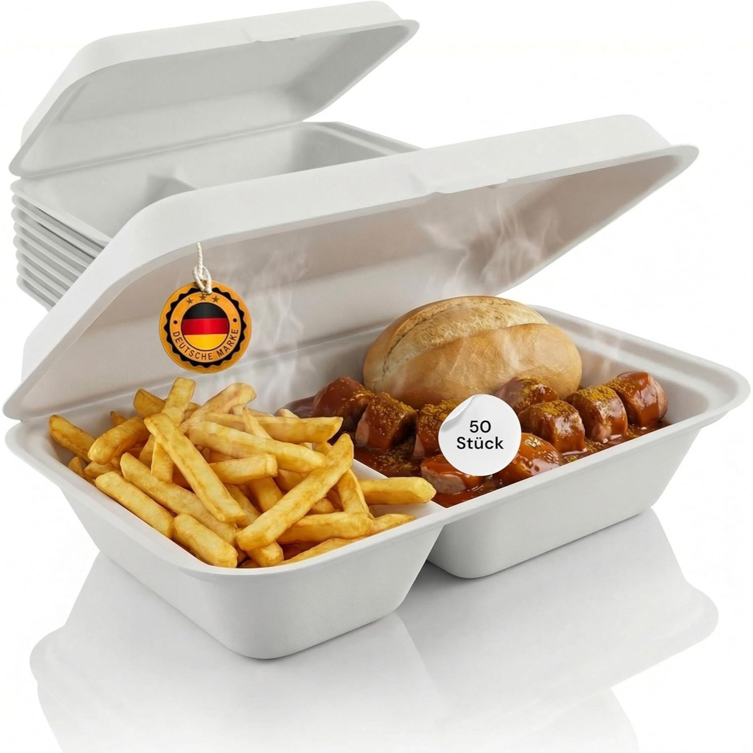 Takeaway -compartment White | 250 X 162 Mm | Made From Sugarcane | Lunchbox Hamburger Box Food Container | Disposable Food Container |leak-proof
