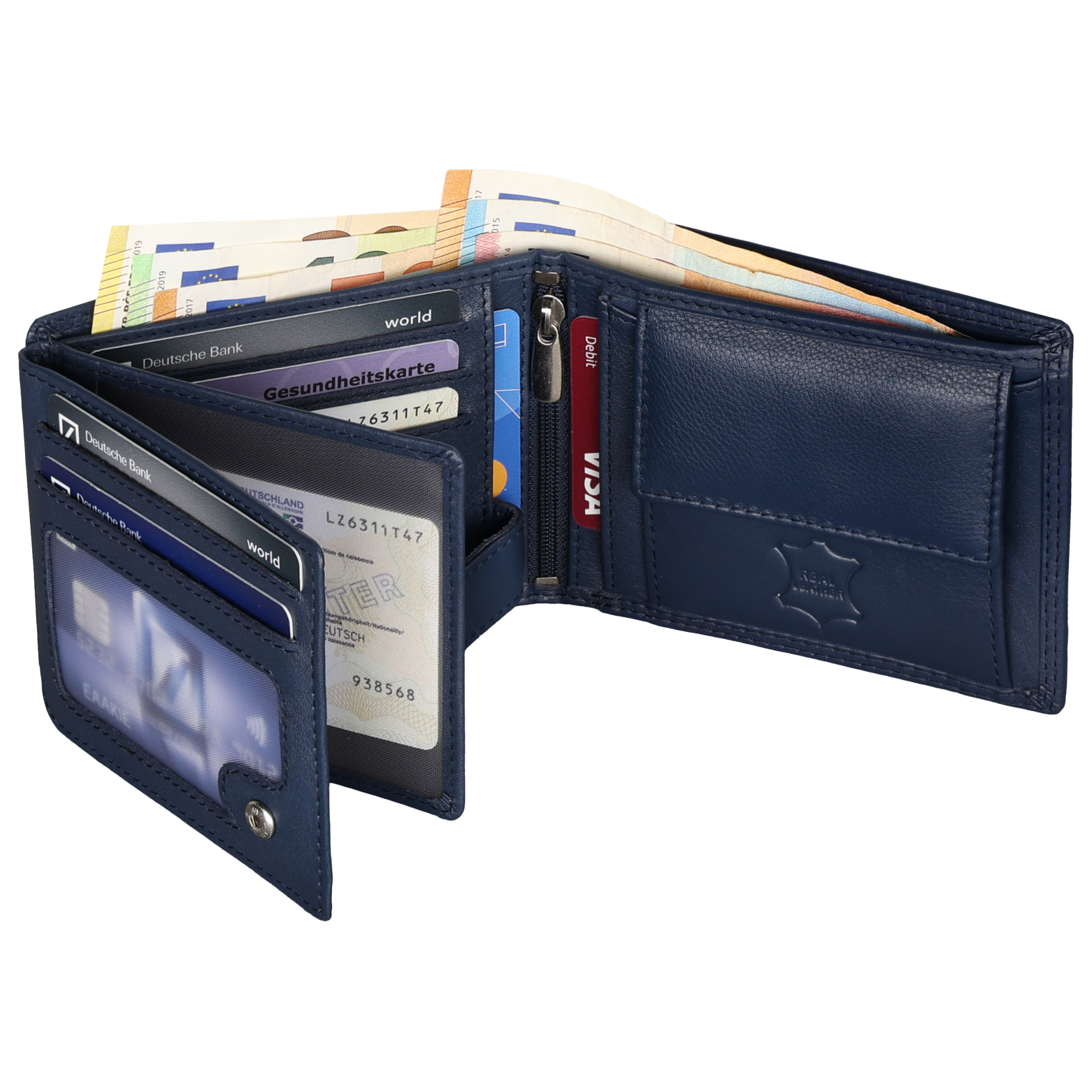 E-shop Leder Geldbörse Herren Portemonnaie RFID Querformat Geldbeutel Echtleder Blau