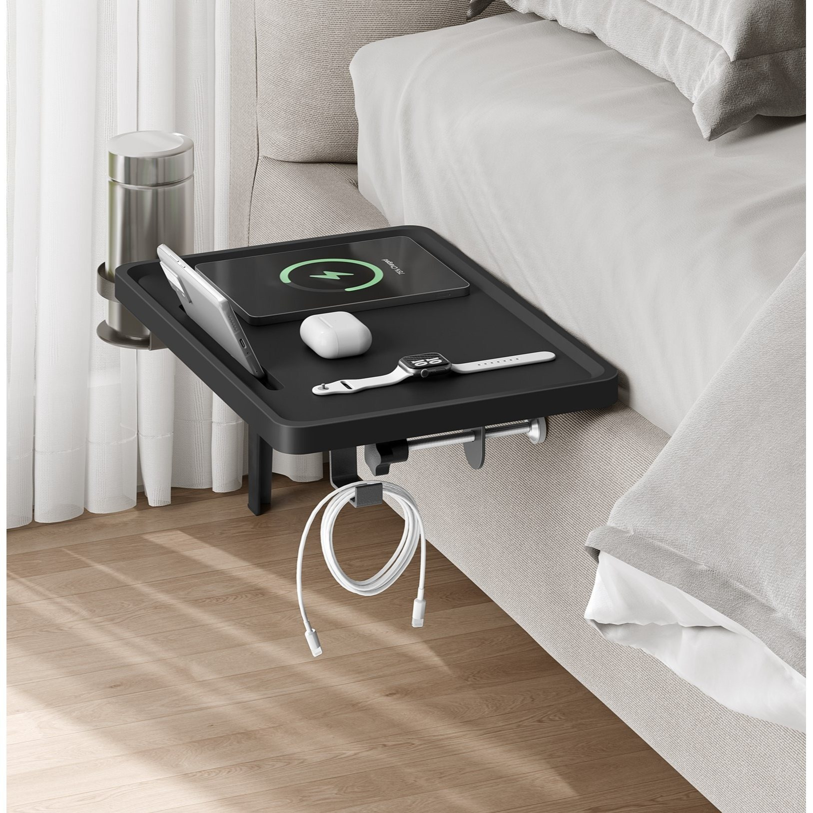 Image of Hanging Desk In Tinted Black For High Beds. With Adjustable Clamps, A Phone Slot, And A Rotatable Drink Holder Hook. Suitable For Student Dormitories.
