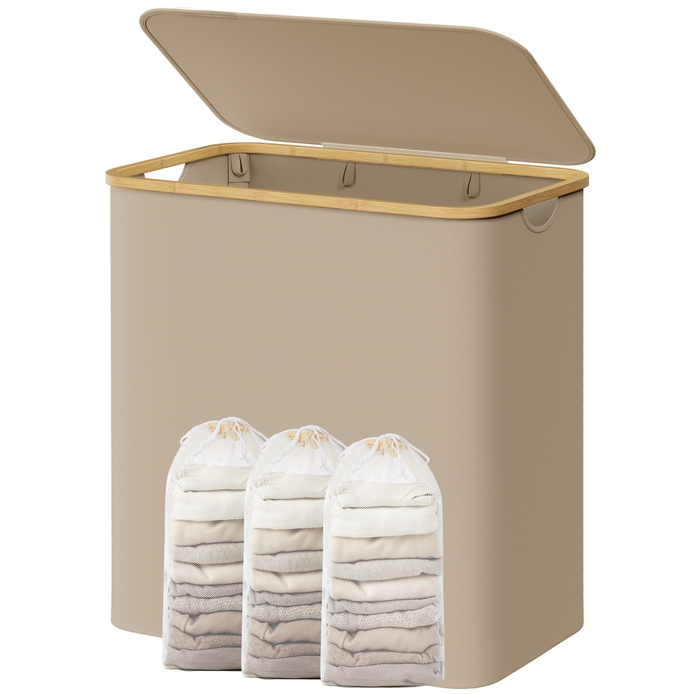 Image of With 3 Compartments, Foldable Laundry Basket, Bamboo Handles, Removable Bag, Bathroom, 150l, Brown