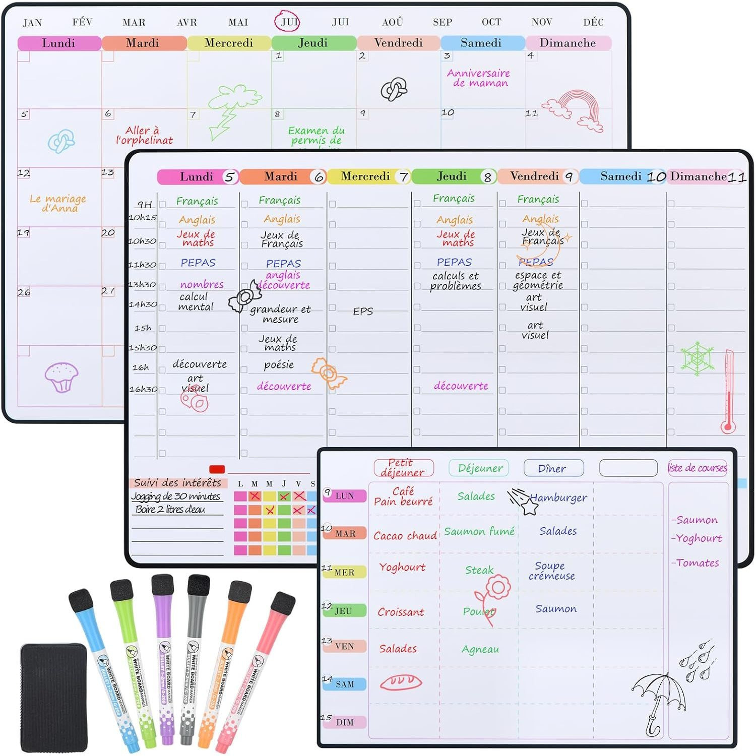 3x Magnetic Calendar Planner For Fridge, 3pcs: Monthly Weekly Daily - French Language + 6 Free Markers