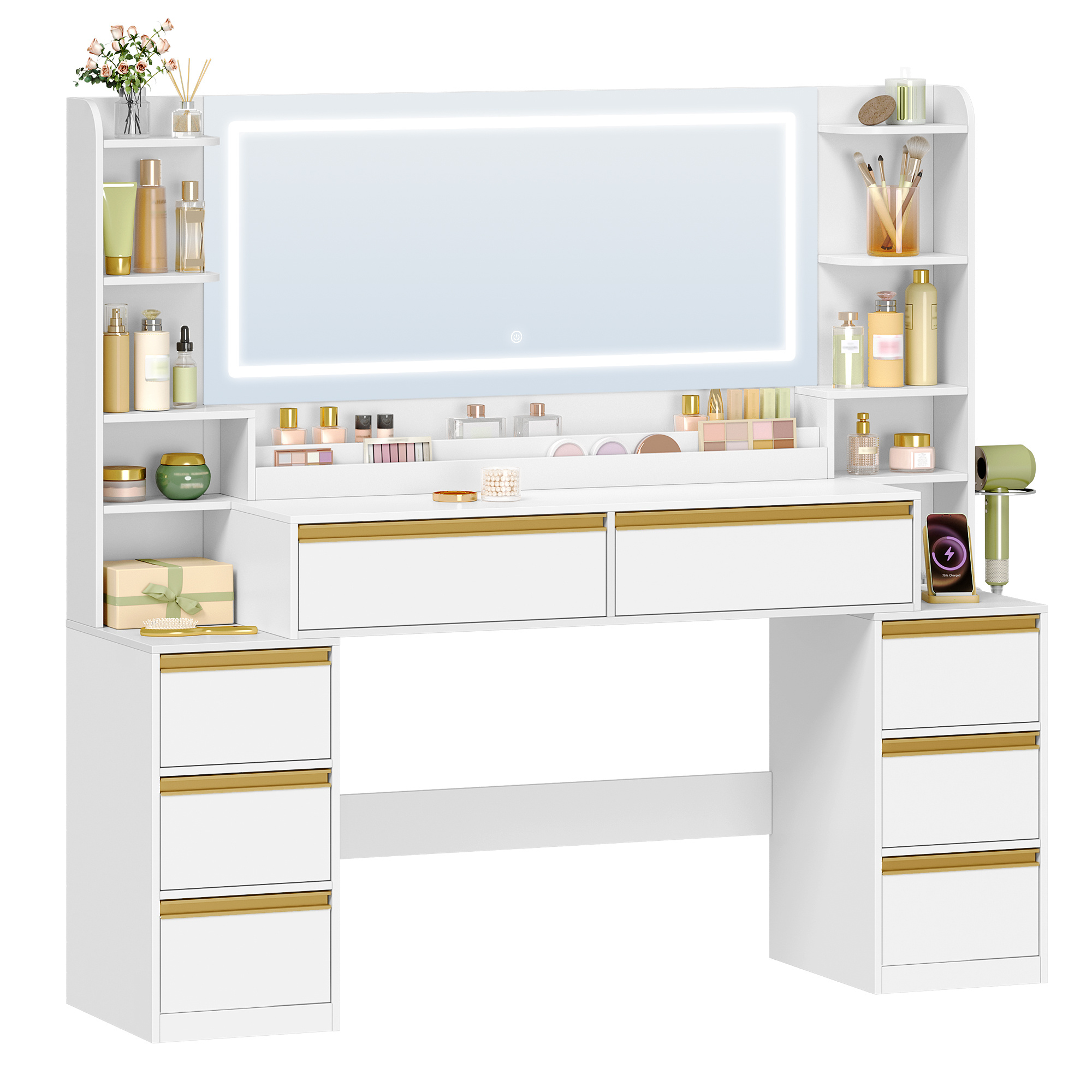 Image of 150 Cm Dressing Table With Mirror, Vanity Desk, Adjustable 3-colour Led Lights, Makeup Desk With Plug, Hairdryer Holder, 8 Drawers, Open Storage Spaces, Modern, White-silver, White-gold