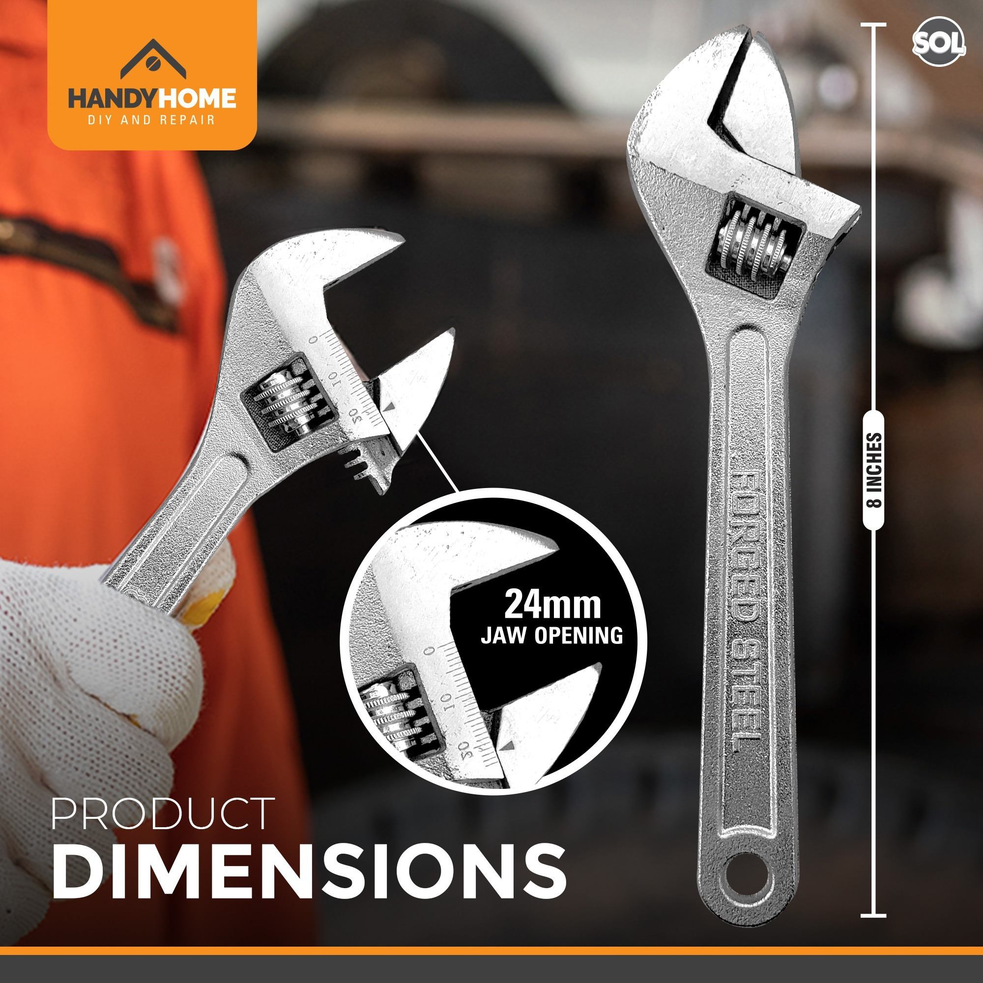 8 Inch Adjustable Wrench, Heavy Duty Spanner for DIY and Home Repair