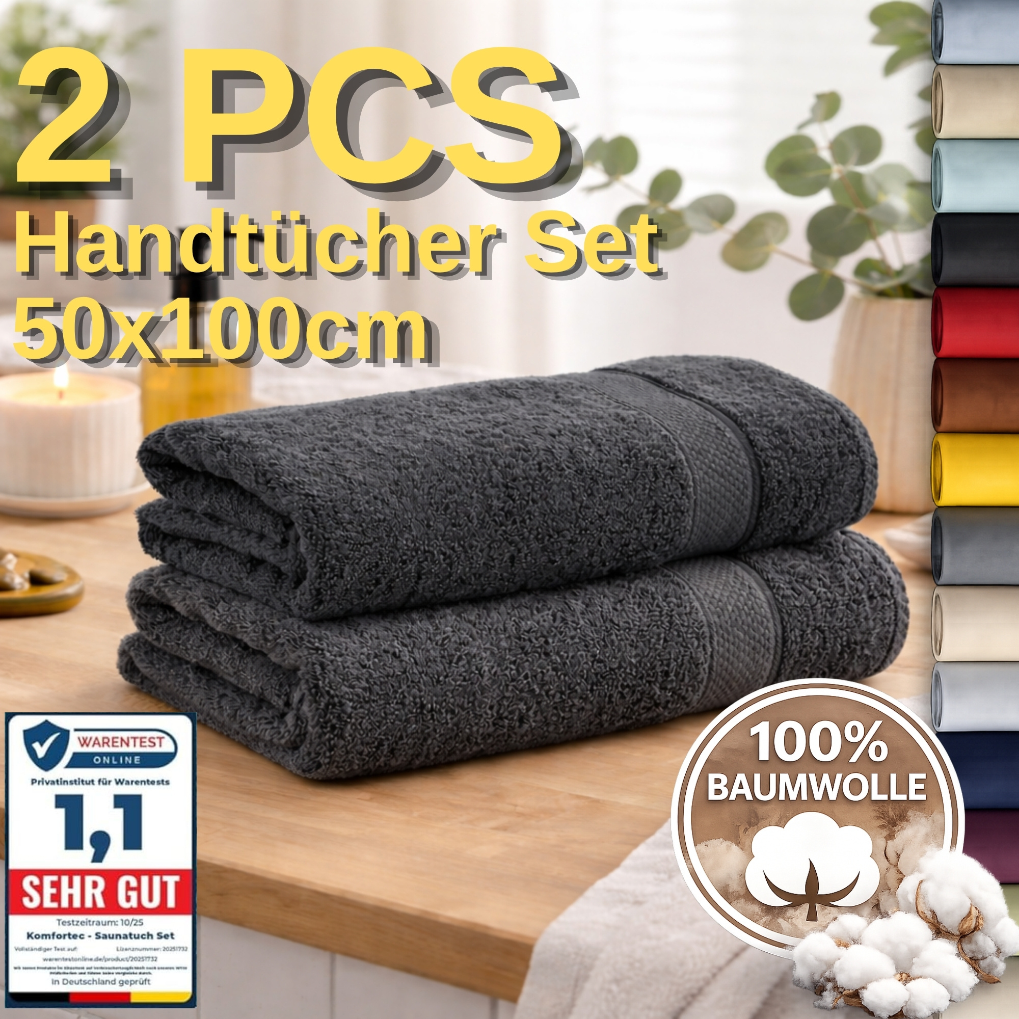 2-piece Set Of 50x100 Cm Towels – Cotton Terry, Absorbent & Quick-drying