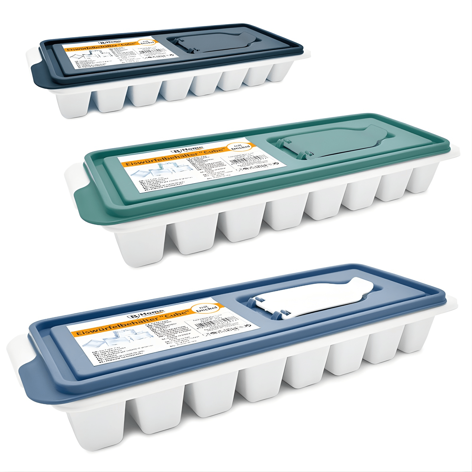Ice Cube Container With Lid And Pouring Aid For 12 Ice Cubes. Practical For Filling And Freezing. In Colors.