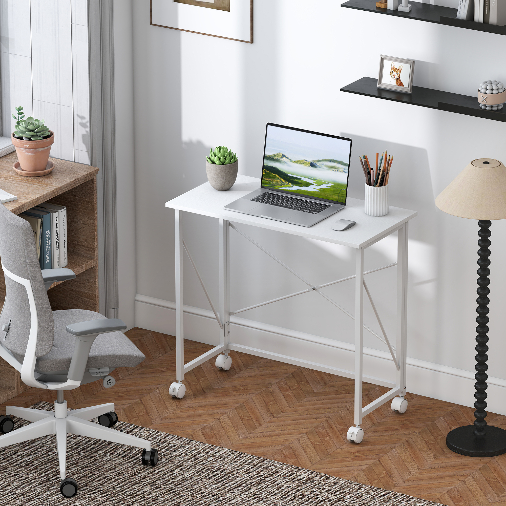 Desk Computer Table With Wheels, Foldable Office Table In With For Study Room, Bedroom, Home Office, 80 X 40 X 75 Cm, White