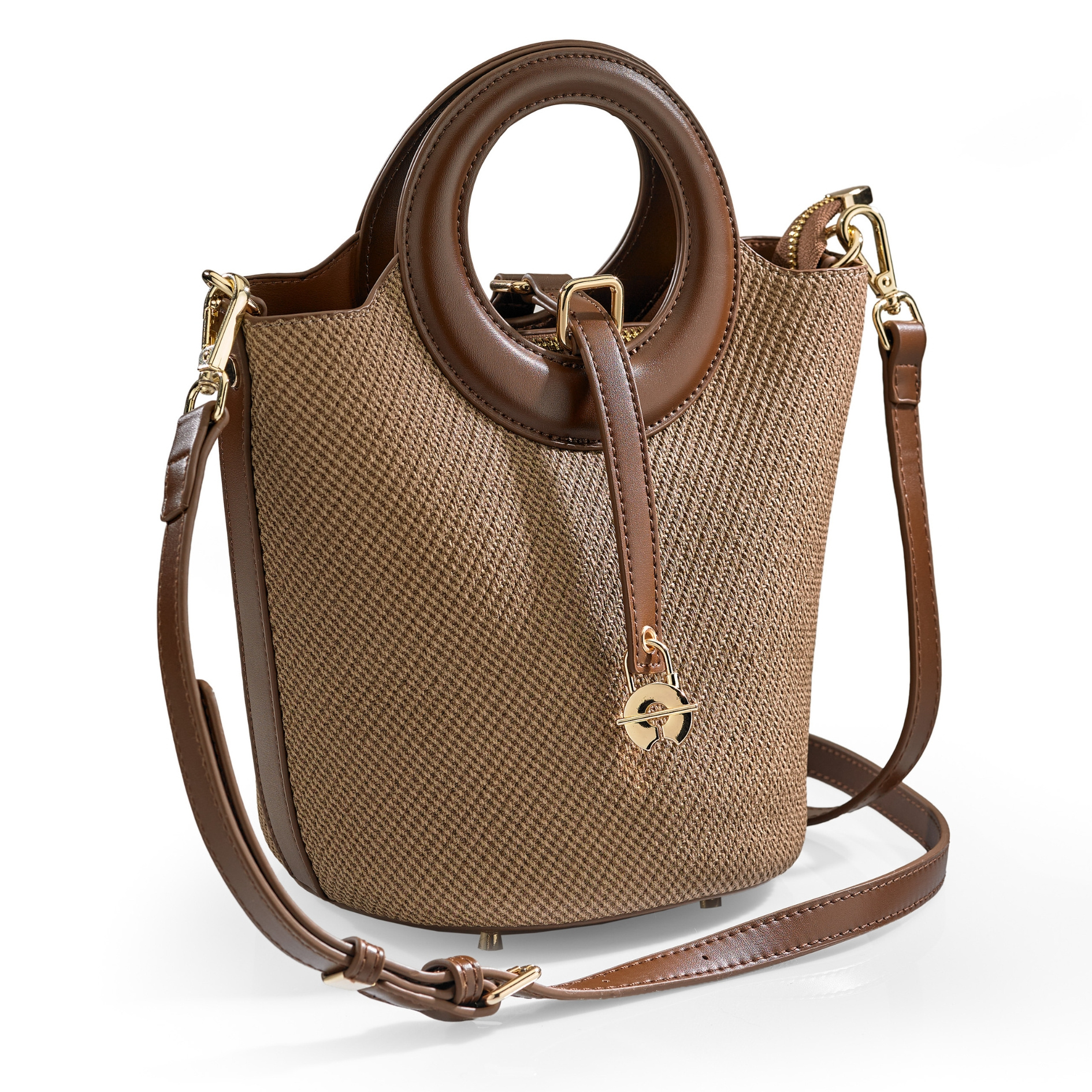 Image of Mel Jun Women's Handbag Shoulder Bag Brown Tote Bag Crossbody Bag With Gold- Metal Accents, Round Handles, Detachable Shoulder Strap, Padlock Detail, Includes Dust Bag