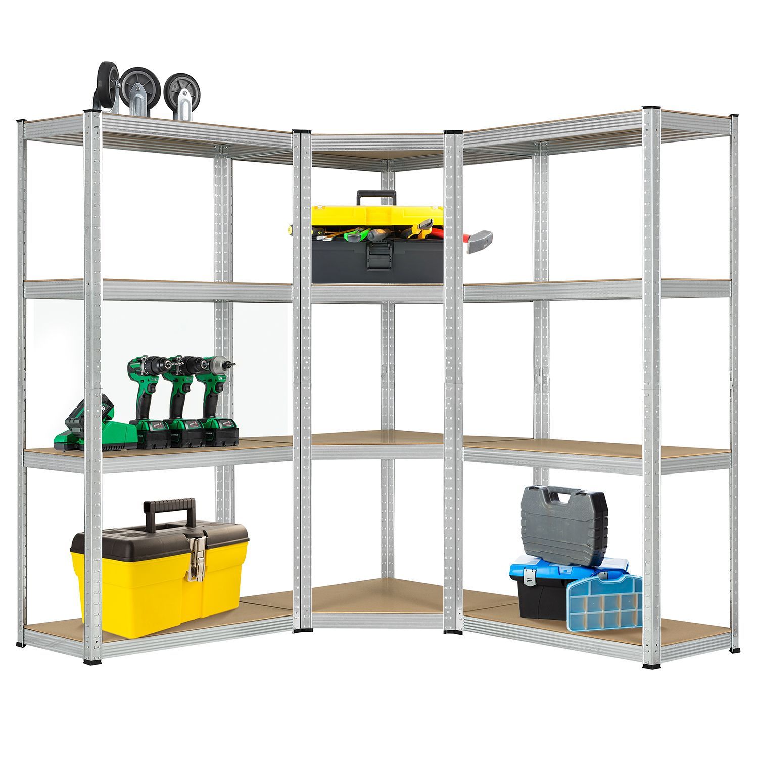 3rd Metal Shelving System Easy - 1 Corner Shelf & 2 Storage Shelves - 12wooden Floors - 960 Kg - Heavy-duty Shelving Unit