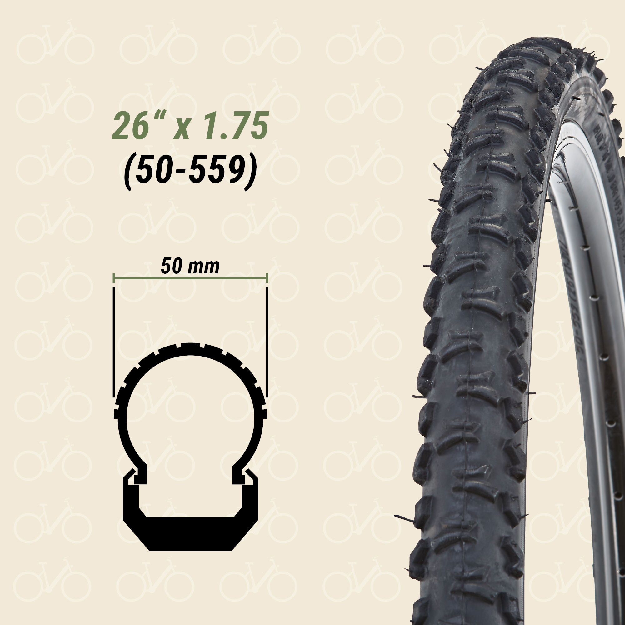 Image of Prophete Bicycle Tire 26 X 1.90 (50-559) For Mountain Bikes, Versatile Atb Tread Pattern, Black – Perfect For Road And Off-road Use