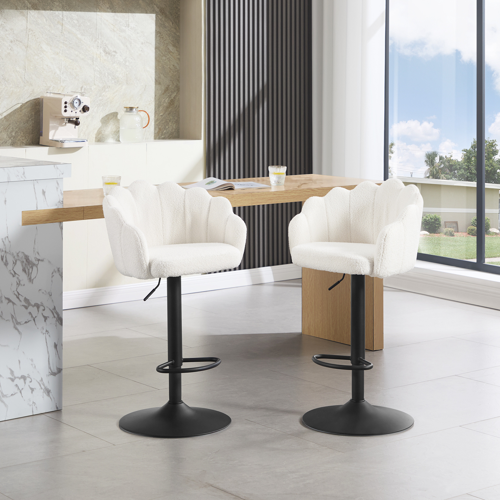 Image of Modern Bar Stool, Flower Bar Stool, Height Adjustable Teddy Cloth Bar Stool With Backrest And Footrest, , Suitable For Kitchen, Bar, Bookstore, Load-bearing