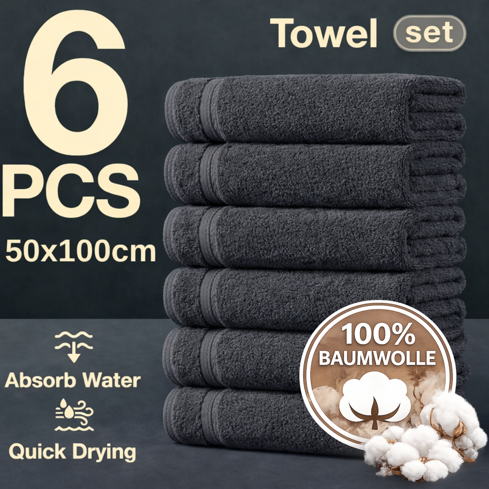 E-shop 6er Handtücher Set 50x100 cm aus 100% Baumwolle – Weiche und saugstarke Frottee Badetücher für Badezimmer