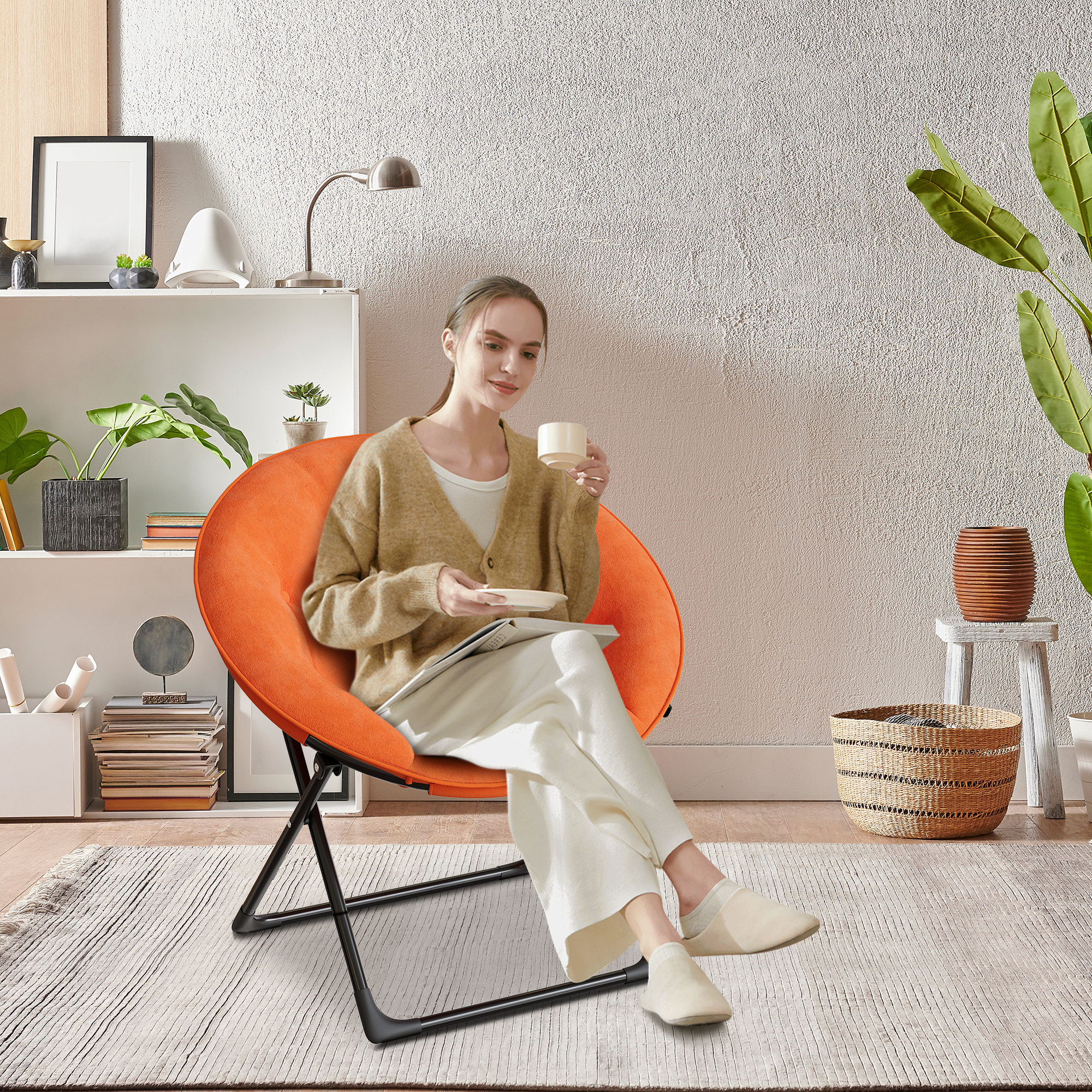 Image of Oversized Saucer Chair – Ultra Comfy Faux Fur Lounge Moon Chair With Sturdy Folding Metal Frame – Soft Collapsible Accent Seat For Bedroom, Living Room, Dorm, No Assembly, Space- Design