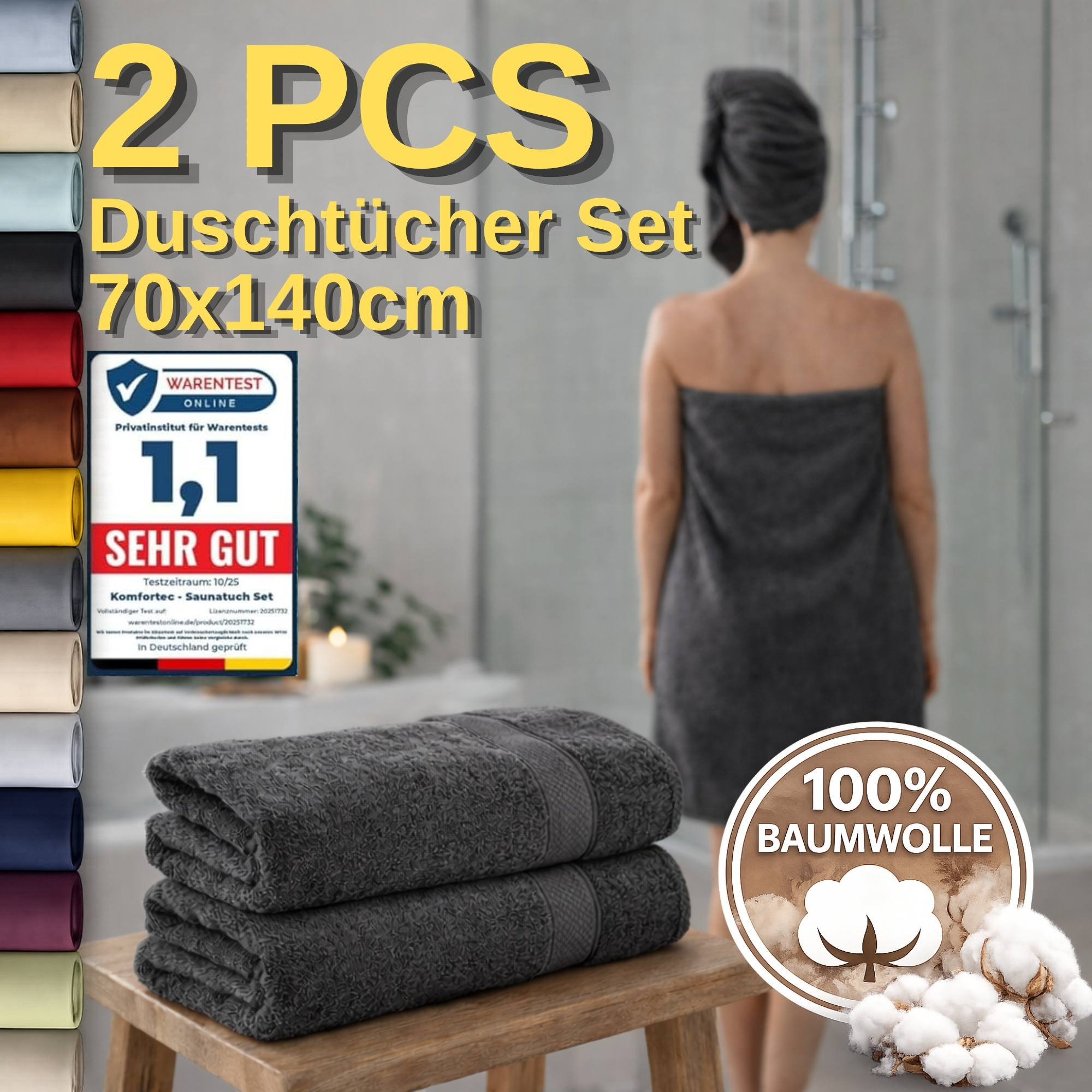 Image of 2pcs Set Of Bath Towels 70x140 Cm Made Of 100%– Soft Velour Bath Towels, Absorbent, Skin-friendly & Durable, 470 G/m²