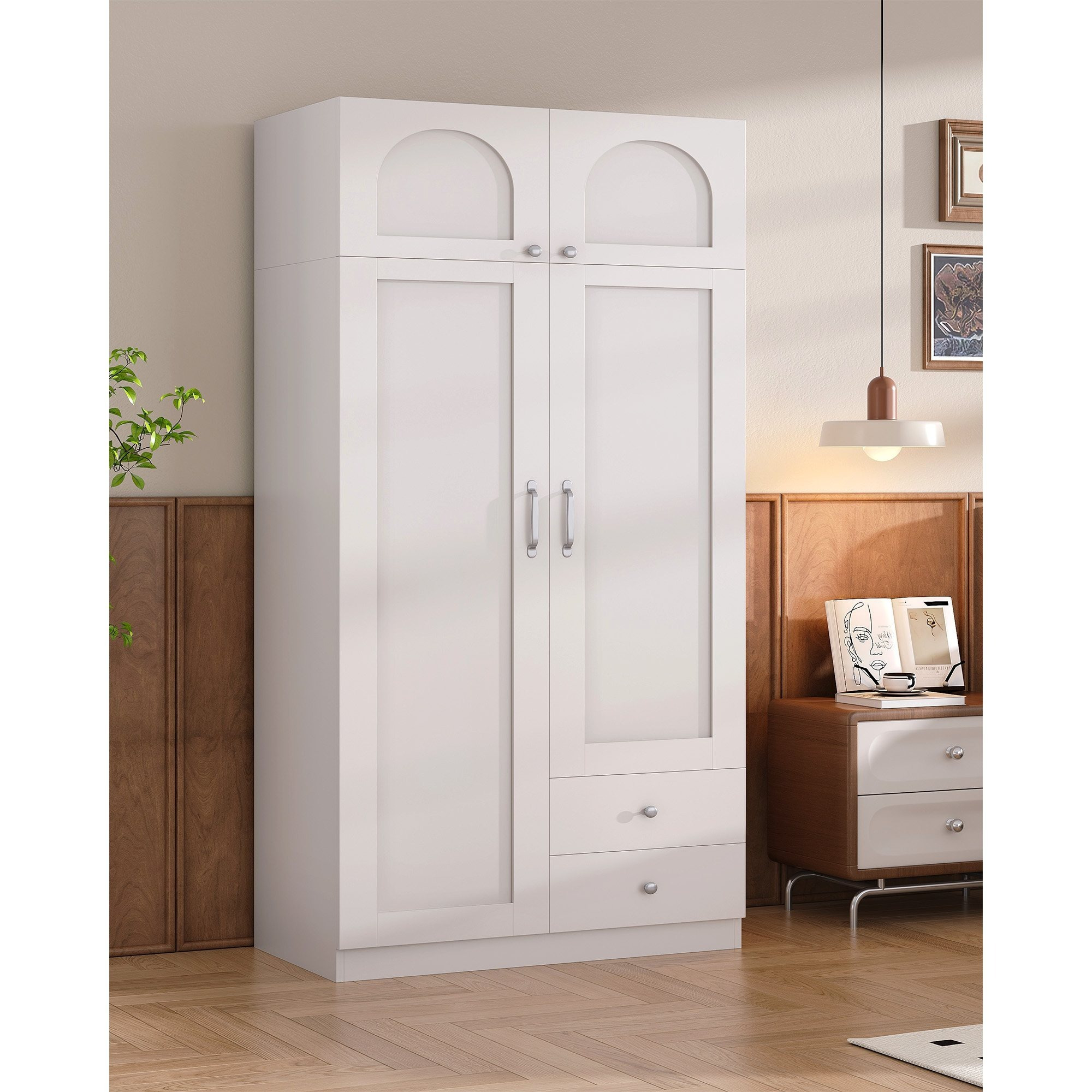 Image of 4 Door 2 Drawer Wardrobe, With Hanging Rail And Storage Shelf, Modern White Wardrobe Storage Clothes Shelf For Bedroom