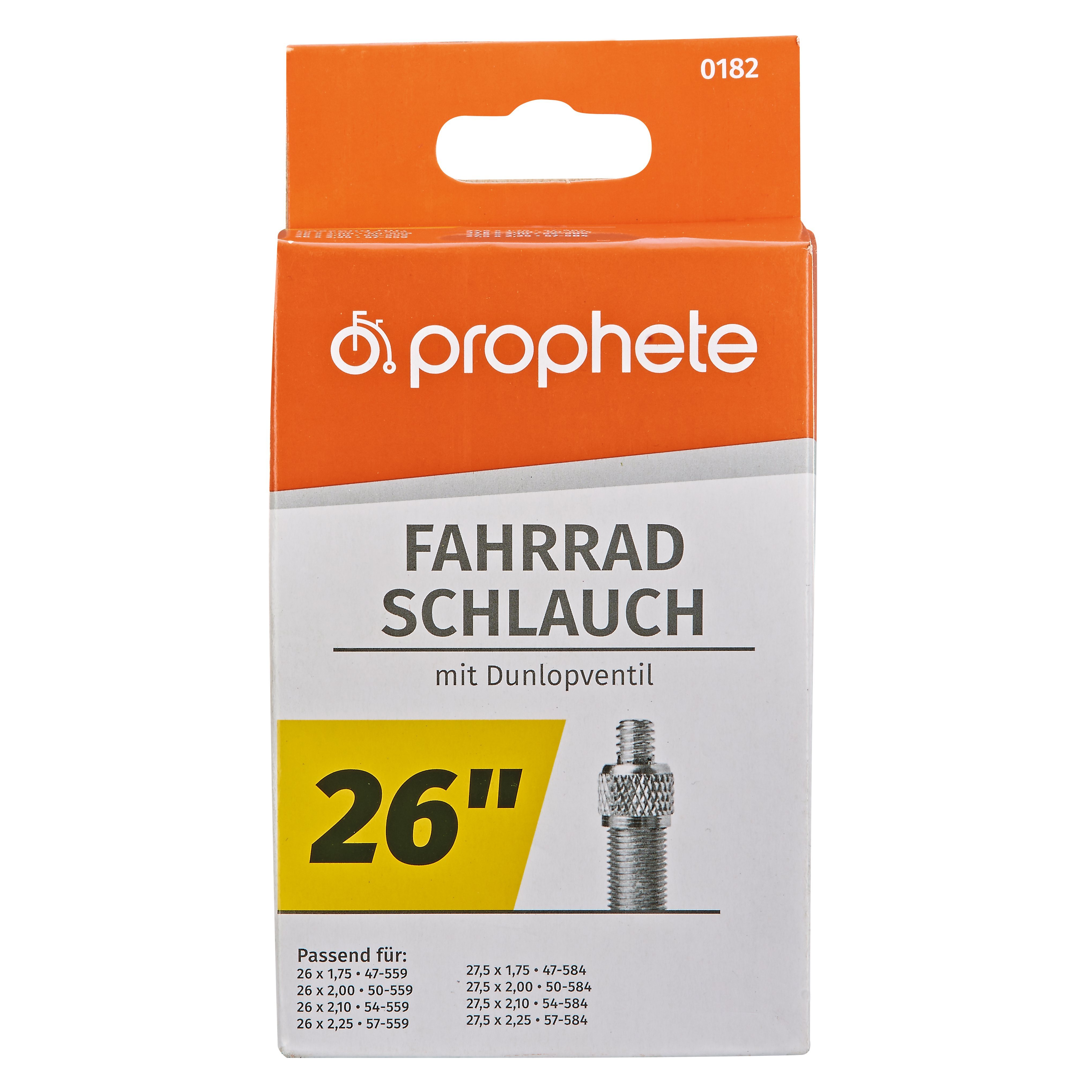E-shop Prophete Fahrradschlauch mit Dunlopventil, passend für 26 x 1,75 bis 27,5 x 2,25 Zoll, ETRTO: