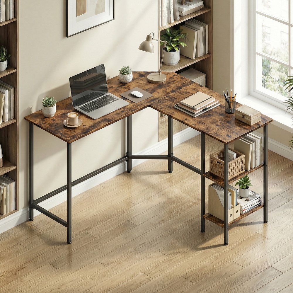 Writing Desk With Shelves, L-shaped Computer Desk, 130 X 130 Cm, For Office, Easy Assembly, Brown-black