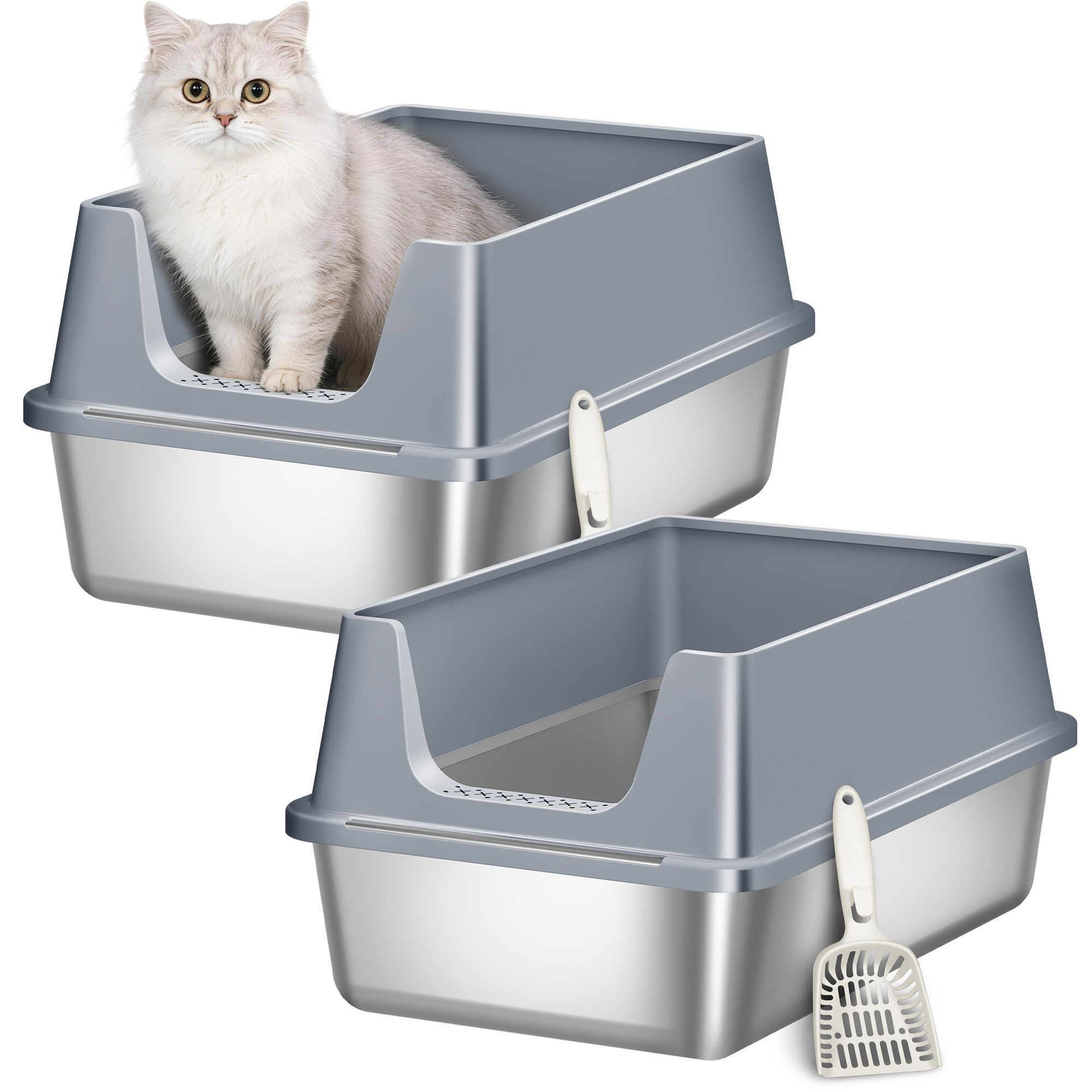 Image of Stainless Steel Litter Box, Xxl Large-capacity Metal Litter Box, High-sided Enclosed Litter Box, Includes , Easy To Clean, 60.5 L X 40 W X 29 H Cm, Dark Gray, 2-pack