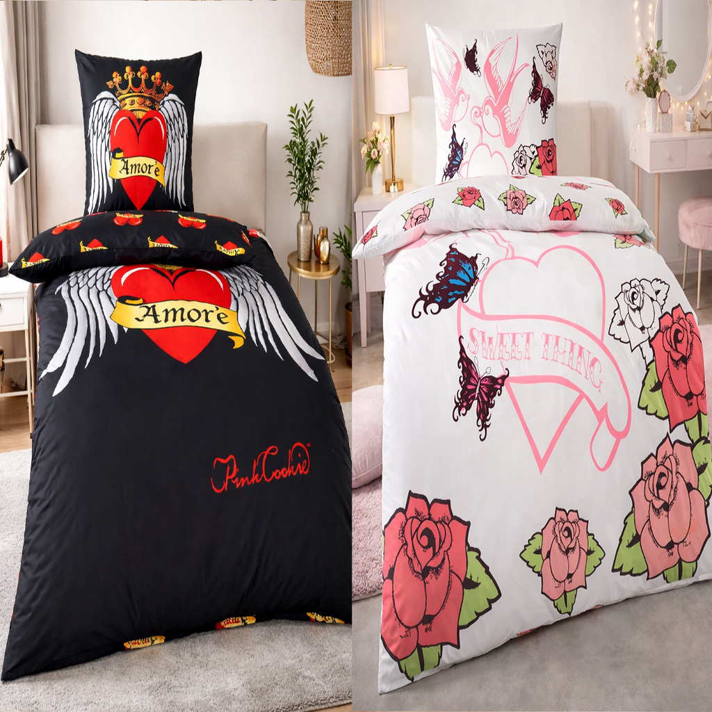 E-shop Wende Bettwäsche 135x200 Baumwolle Sets, Bettbezug 135 x 200 cm, Kissenbezug 80x80 cm, Renforce, Bettwäsche mit Knopfverschluss