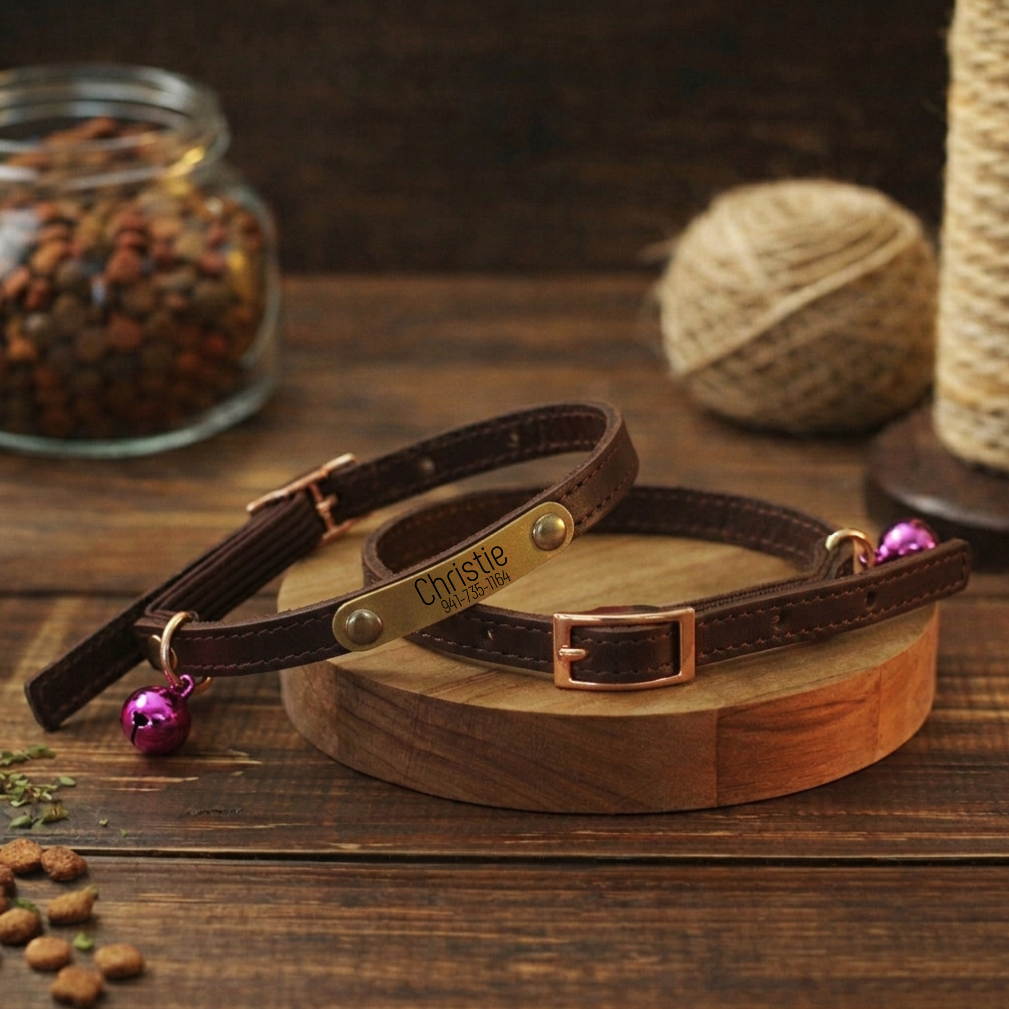Image of Personalized Leather Cat Collar With Custom Engraved Id Tag & Removable Bell - Unique Handmade Genuine Leather Pet Collar - Adjustable Colorful Nameplate For Cats & Small Dogs