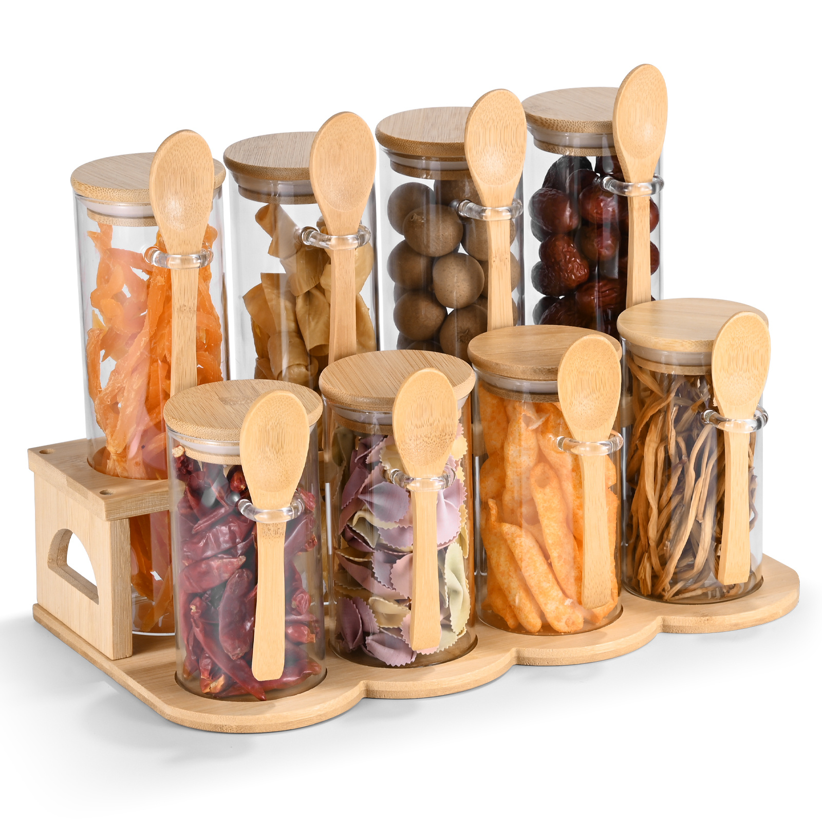 E-shop 8 Aufbewahrungsglas mit Holzständern Holzlöffel, 8 pcs 10oz/20oz quadratischer Holzdeckel Gewürzglas-Set, Gewürzspender mit Deckel, leerer