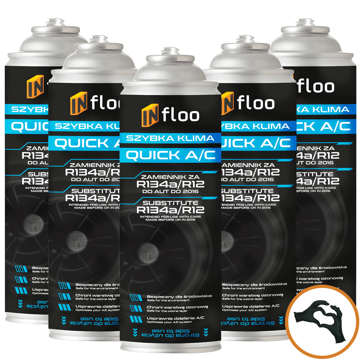 Infloo Set Of 5x Quick A/c R134a Refrigerant Gas For Cars Up To 2016 With Free Self-service For Multiple Air Conditioning Systems, Efficient Service Kit, Instant Cooling, And Maximum Savings