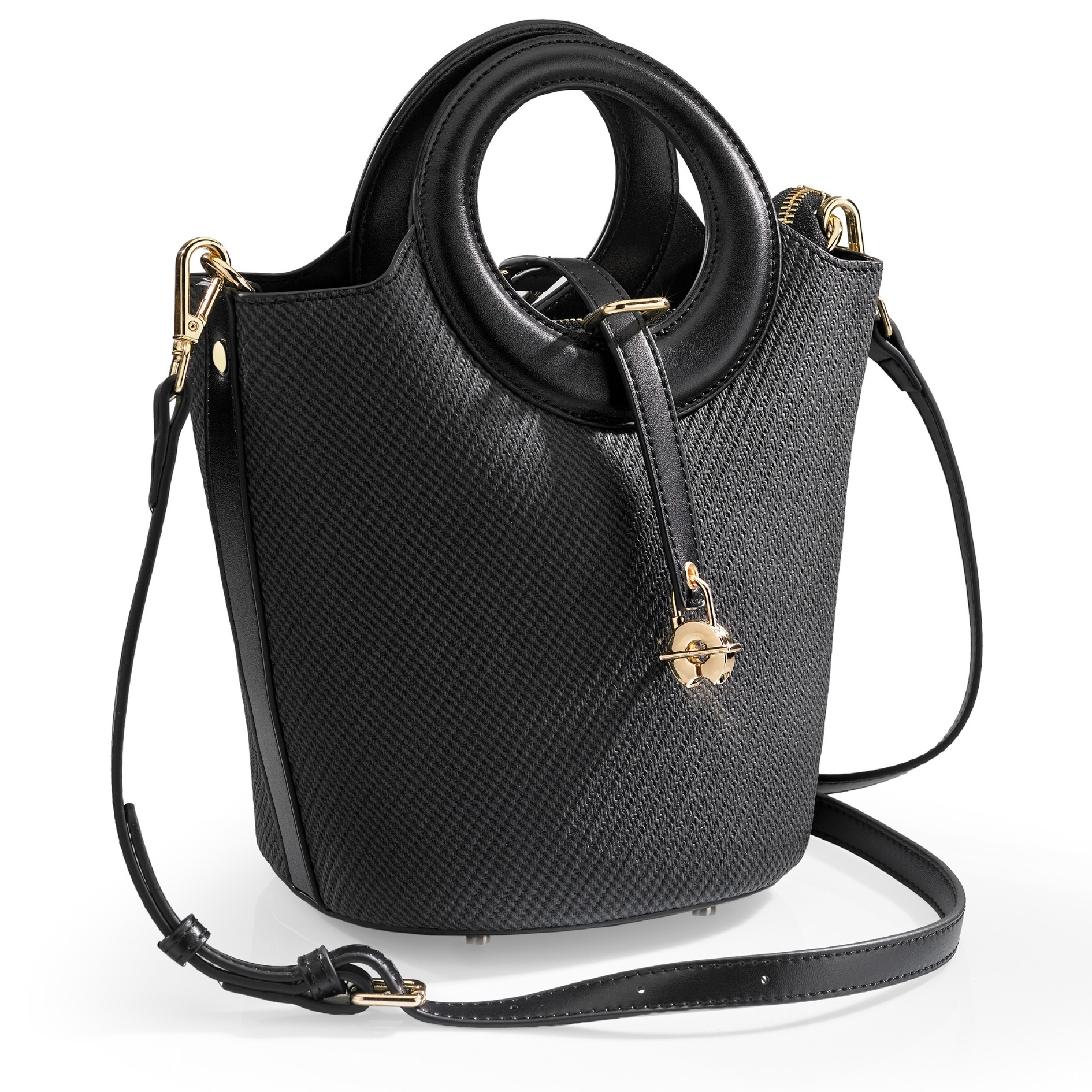 Image of Mel Jun Women's Handbag Shoulder Bag Black Tote Bag Crossbody Bag With Gold- Metal Accents, Round Handles, Detachable Shoulder Strap, Padlock Detail, Includes Dust Bag