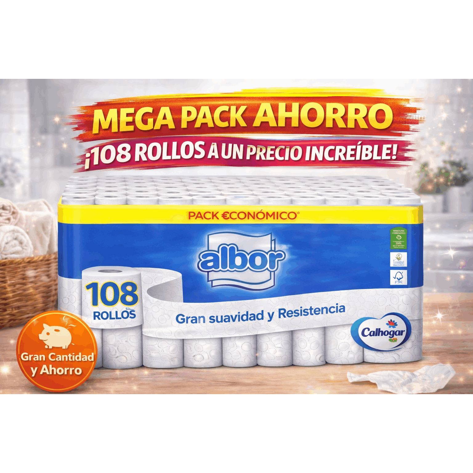 TEMU Pack promoción 108 rollos de papel higienico Albor Colhogar marca Española en uso.