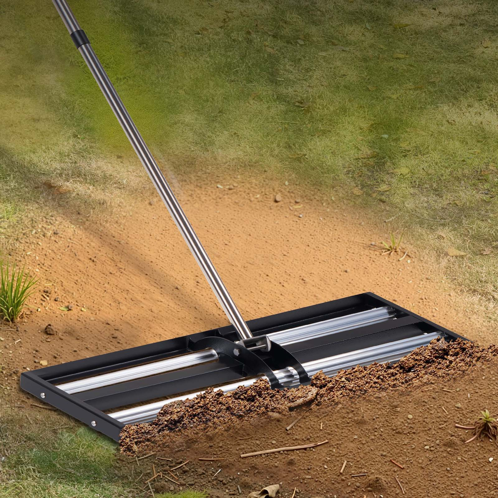 Image of Vevor Lawn Leveling Rake With Roller, 36" X 10" Stainless Steel Lawn Leveler With 83.9" Adjustable Handle, Heavy Duty Yard Leveling Rake, Effort Saving Lawn Leveling Tool For Yard