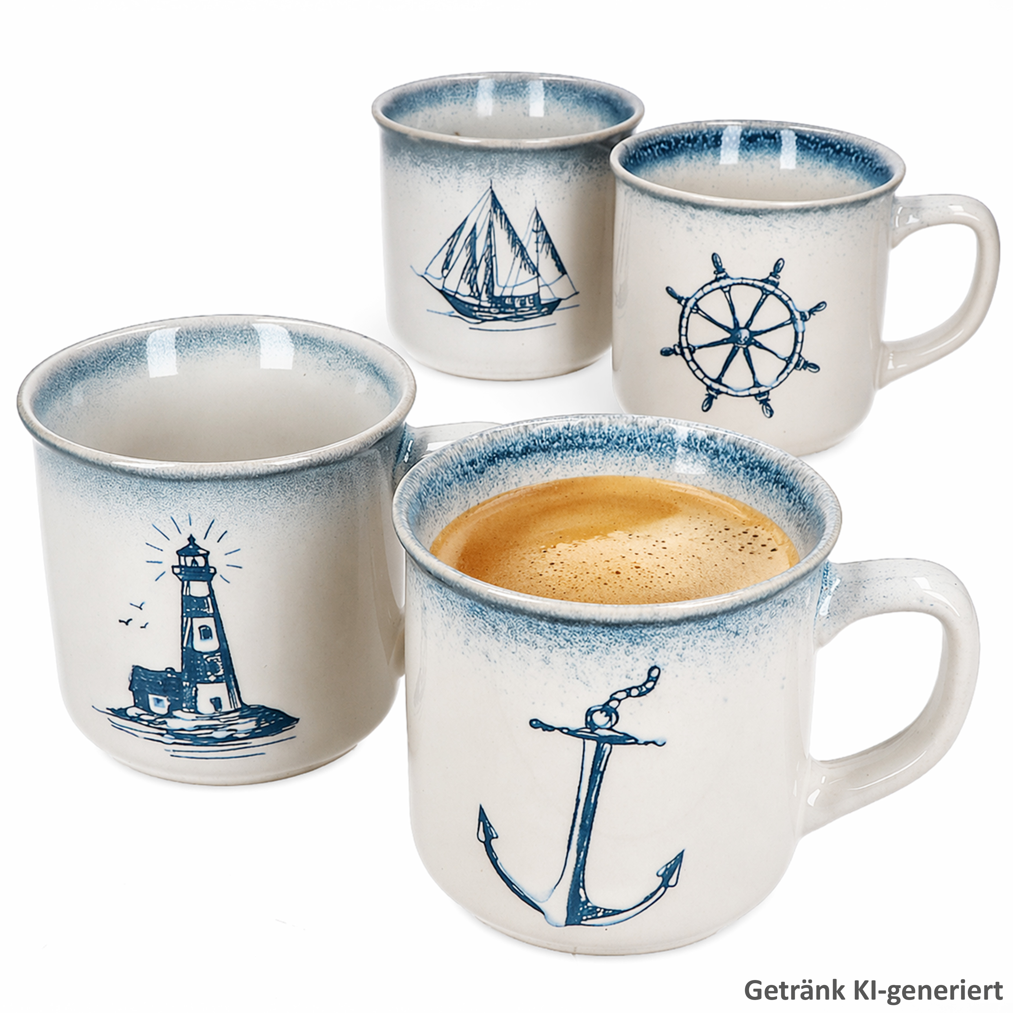4x Martin Ceramic Coffee Mugs, Anchor, Lighthouse, Ship