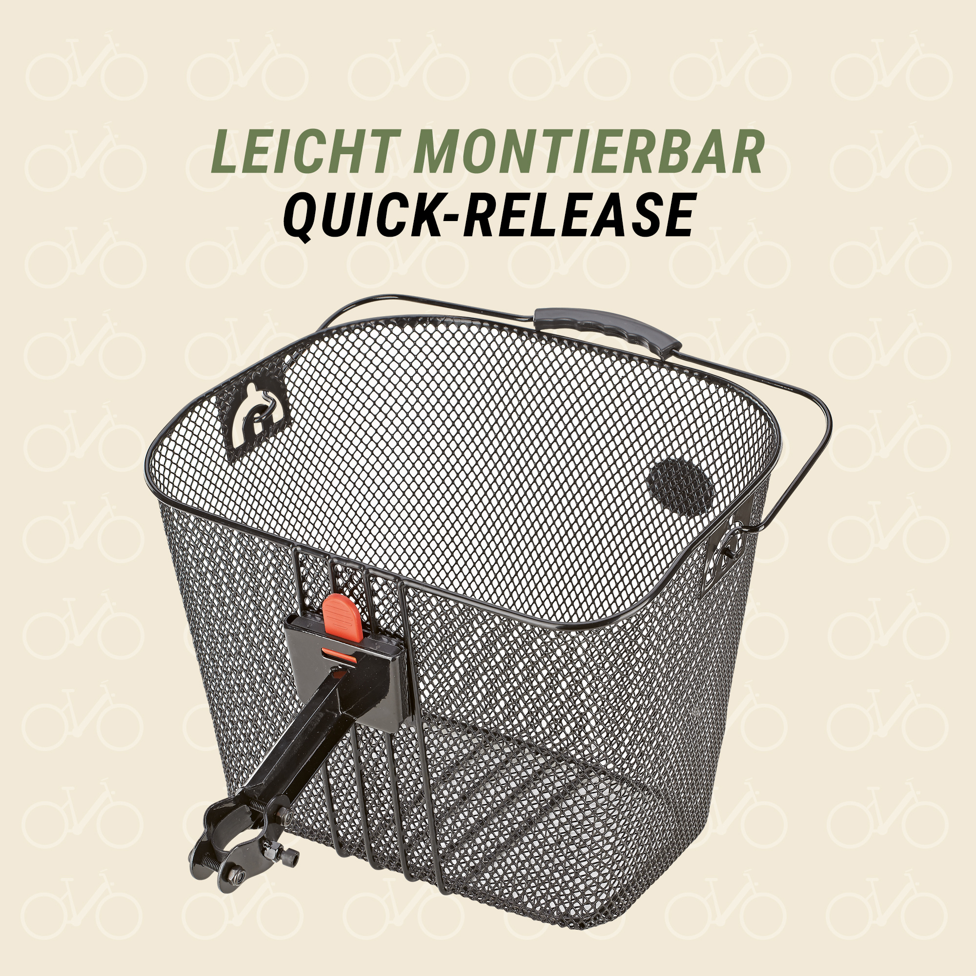 Image of Bicycle Basket "city", Removable, With Stem Adapter, Suitable For Bicycles With Suspension Fork, Pe Plastic Coating, Dense Mesh Grid, 340 X 250 Mm