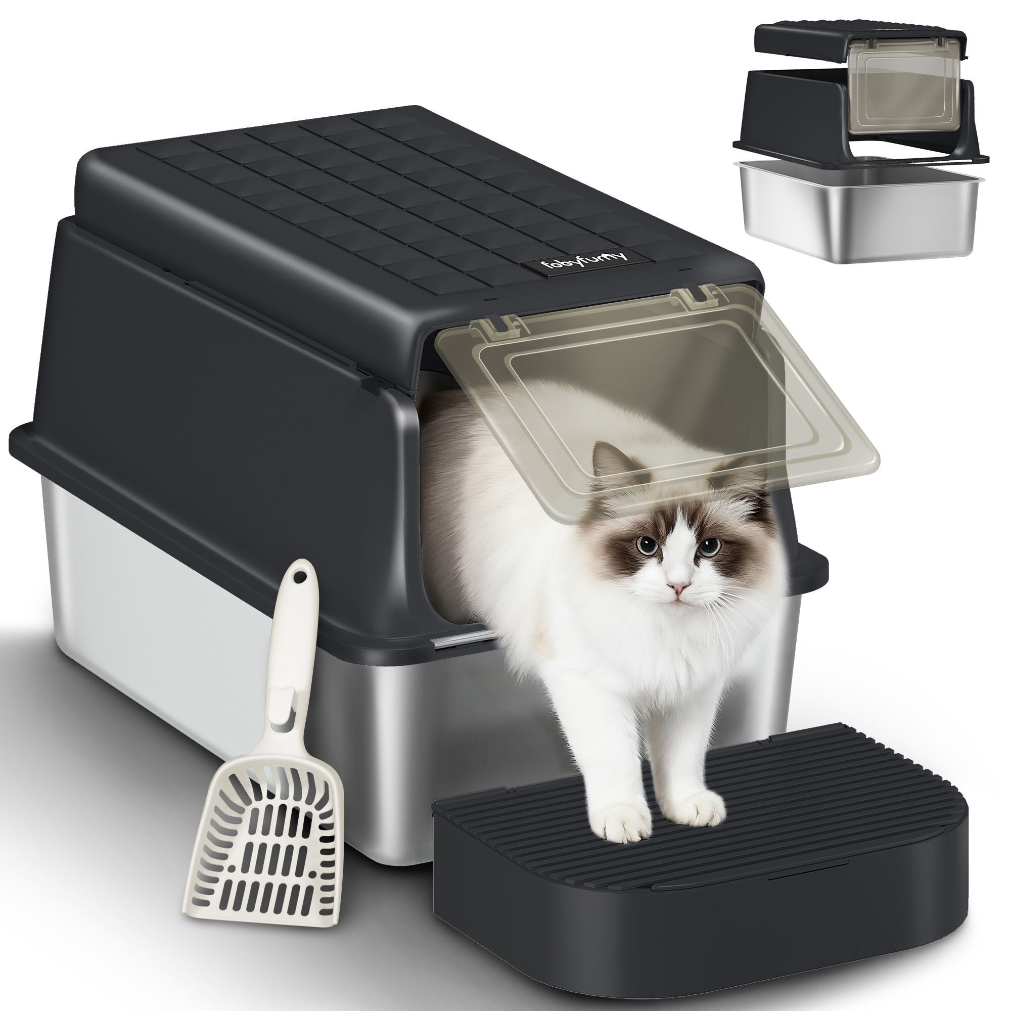 Hzuaneri stainless Steel Cat Litter Box With Cover, Xxl Closed Metal Cat Toilet, Cat Litter Boxes With Shovel And , Removable, 120° Flip Cover, Easy To Clean, Black