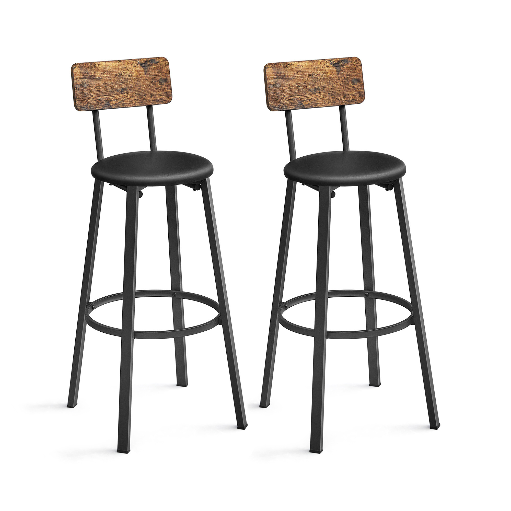 2 Bar Stools, 2 Bar Chairs, With Footrest And Pu Upholstery, Brown-black