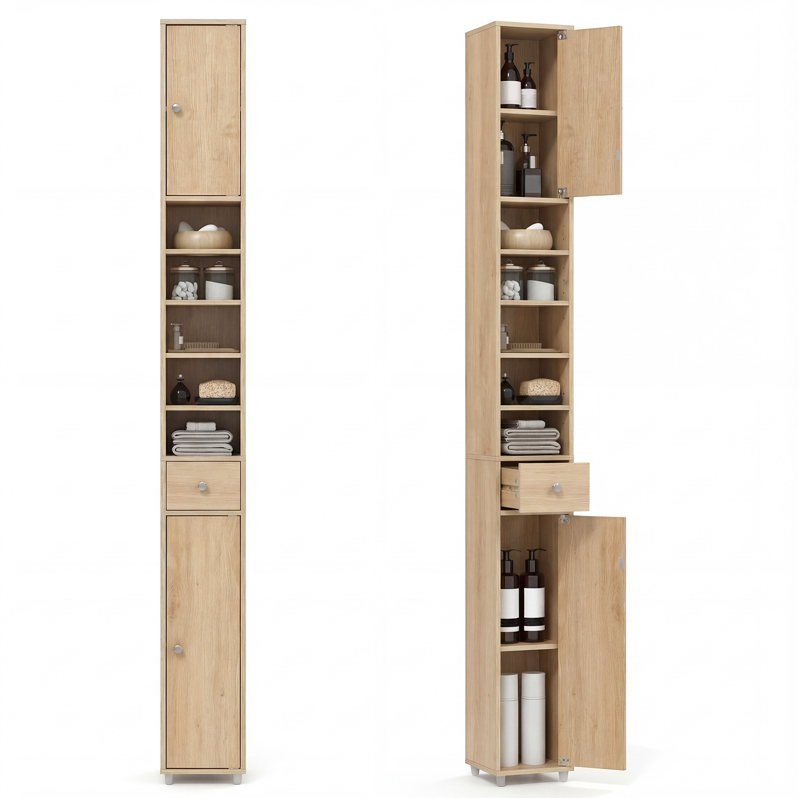 TEMU Gymax 180cm Tall Freestanding Bathroom Cabinet With 2 Doors And 1 Drawer