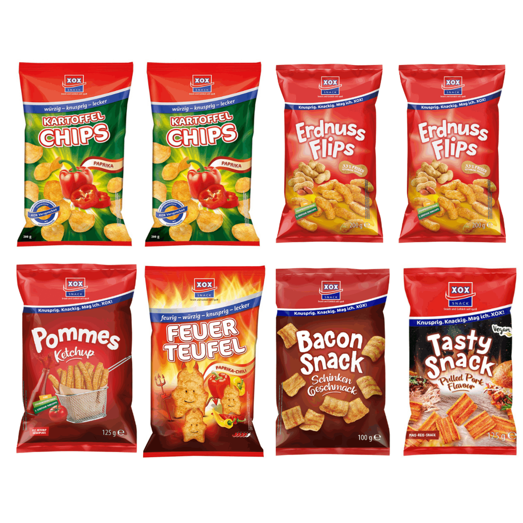 Image of Xox Snack Mix 8-piece Xxl Set – 2x Paprika Potato Chips, 2x Peanut Flips, Ketchup Fries, Fire Devil Paprika-chili, Bacon Snack, Tasty Snack Pulled Pork – Snack Box Gift Set 1.275kg