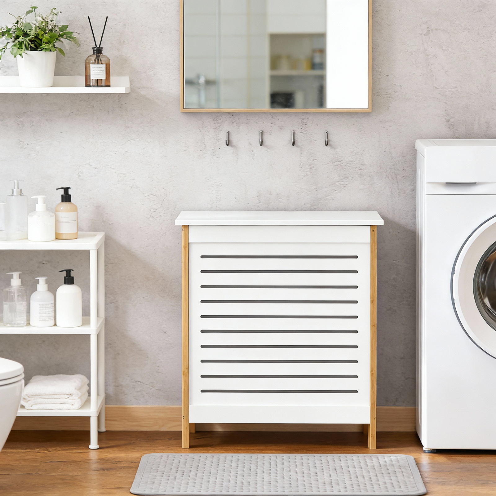 Image of 1-piece Laundry Basket, Laundry Collector, Laundry Chest, With Lid, Bamboo Mdf, Large Capacity, Space-saving Organizer For Bathroom, Bedroom, Adults, White/natural, 50x30x60cm, Haotian - Gtt77-xo