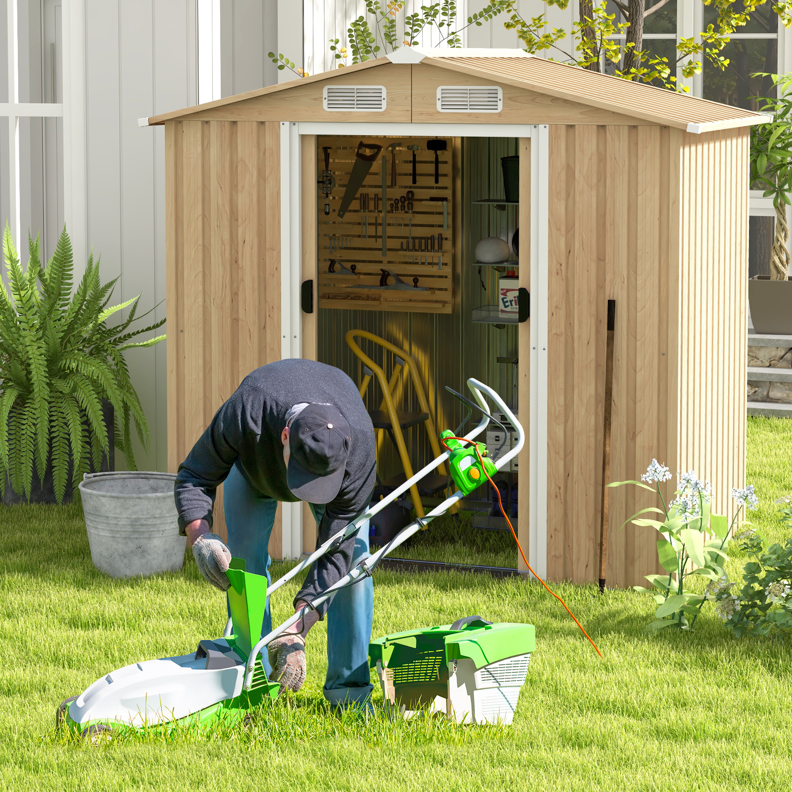 Image of 196 Cm X 142 Cm Galvanized Outdoor Storage Shed, Wind-resistant Metal Tool Shed With Lockable Sliding Doors, Ramp & 4 Vents, Garden Utility Shed For Backyard Patio Lawn, Required