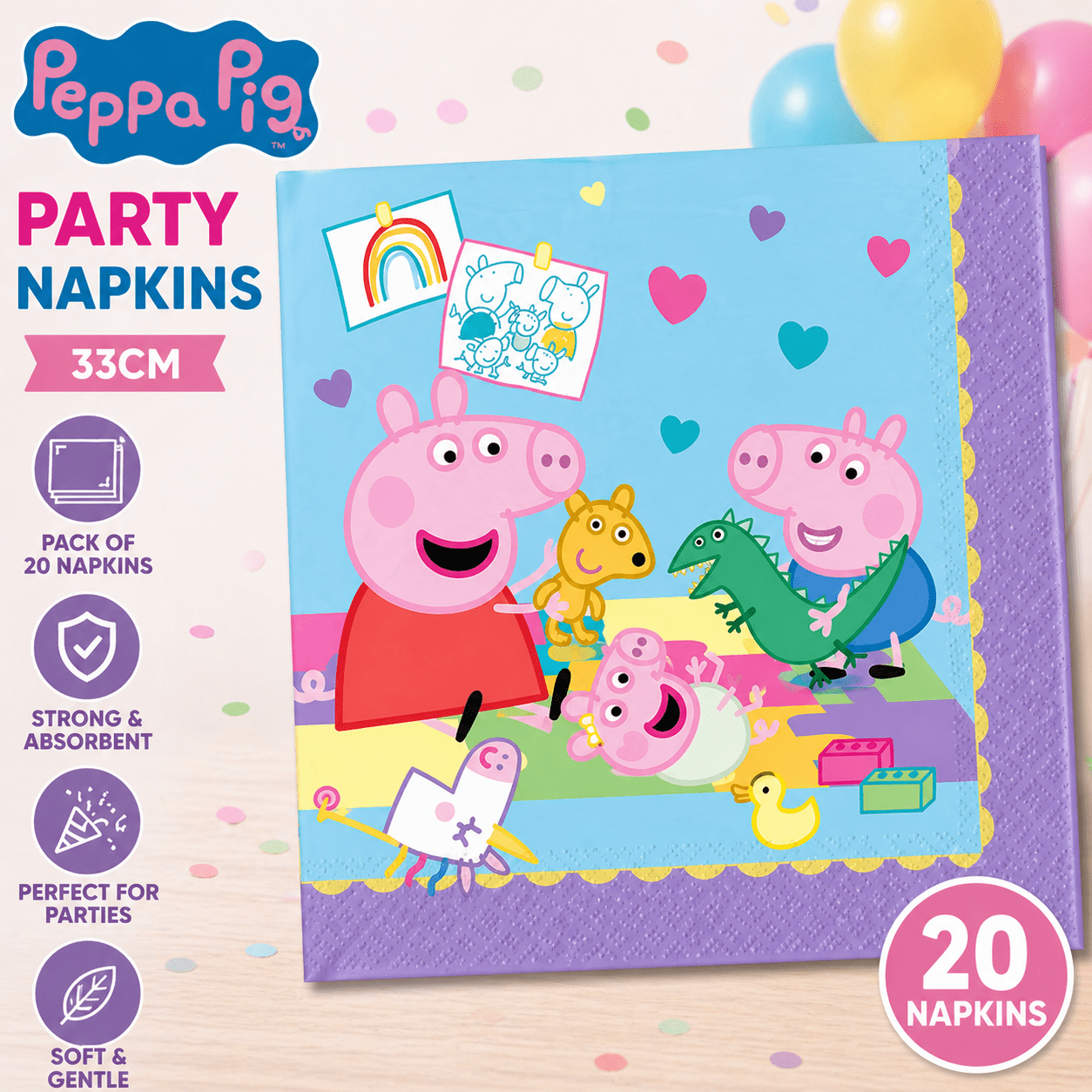 TEMU Pig Party Napkins 33cm Pack Of 20 – Kids Birthday Disposable Paper Napkins, Official Licensed Party Supplies