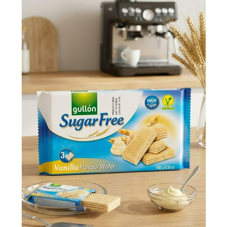 TEMU Gullón Sugar-free Vanilla Flavor Wafers – 180g (6.35 Oz) Pack | High Fiber & Vegan Crispy Snack | 3 Individual Inner Packs