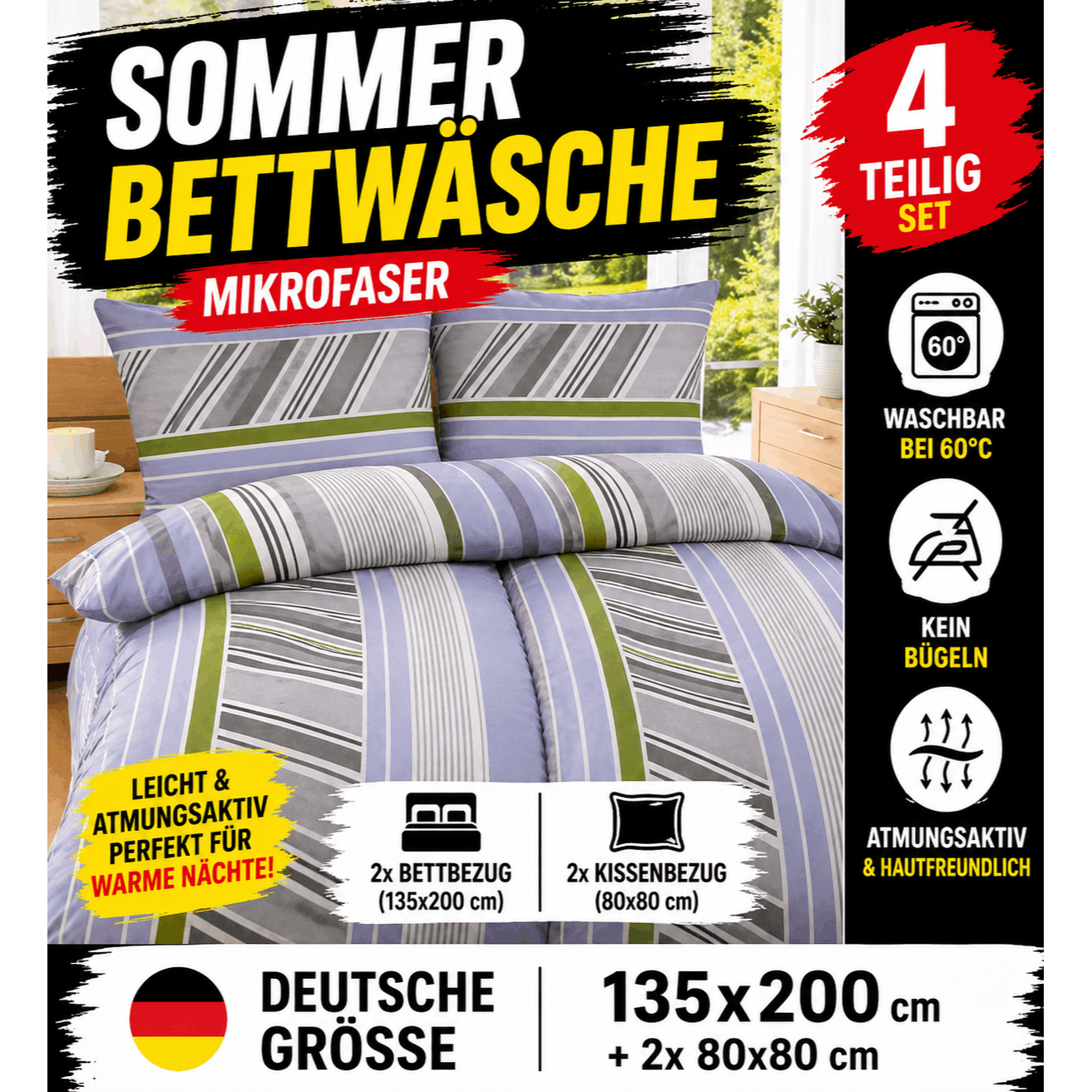 Light Summer Bedding 135x200 Microfiber Duvet Cover Set With Stylish Check Pattern, 2x Duvet Cover + 2x Pillowcase 80x80 Cm, For Single Bed With Zipper, German Size.