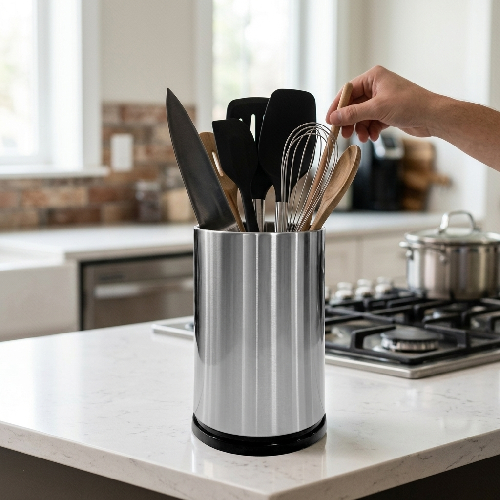 TEMU Porta Cubiertos de Acero Inoxidable y Plástico - Organizador de Cocina para Utensilios y Cubiertos, Bote Cilíndrico para Espátulas y Cucharas,