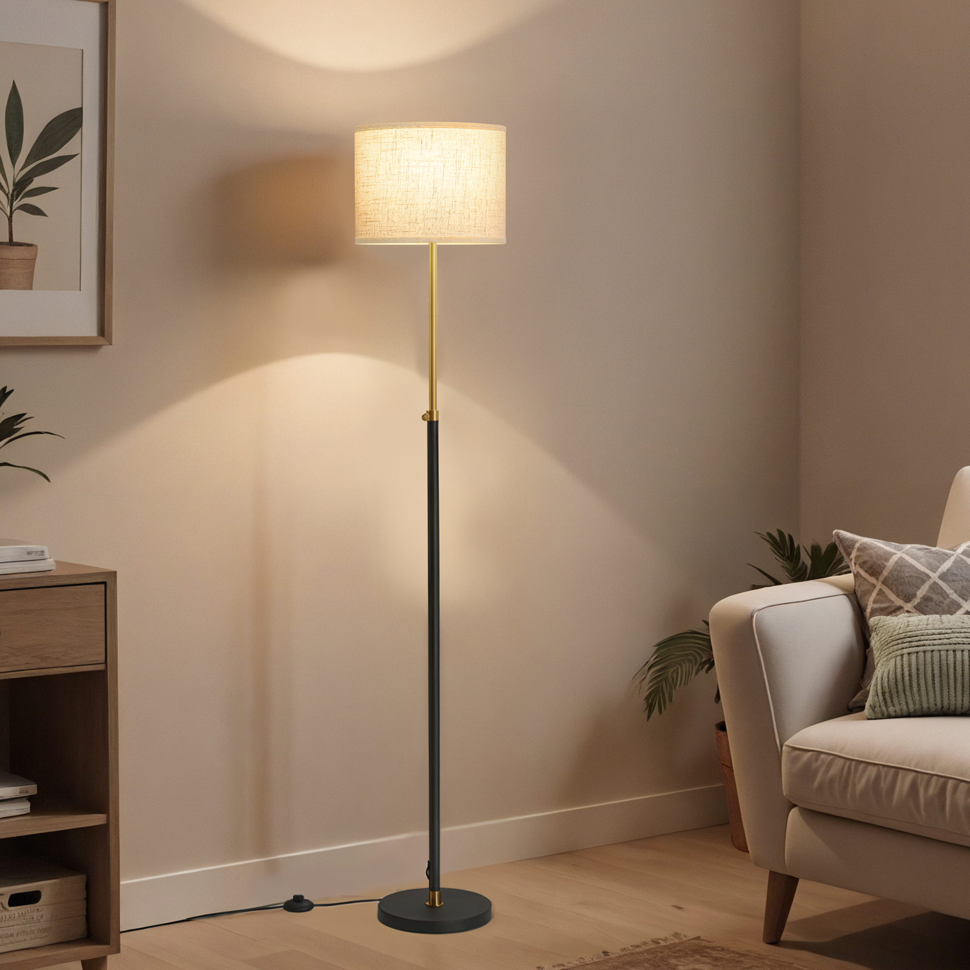 Image of Floor Lamp, Table Lamp, 30 X 30 X (140-170) Cm (w X D X H), Floor Lamp, Height-adjustable Reading Lamp, 140-170 Cm High, Modern, With Foot Switch, Fabric Shade, E27 Socket, Golden-black/tinted Black.
