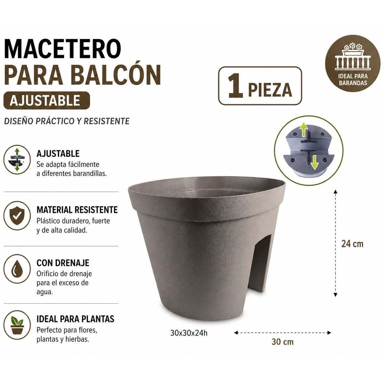 TEMU VORTEX Macetero para balcon 24x30x30cm, AJUSTABLE Se facilmente a diferentes barandillas,Materrial resistente Plastico duradero, fuerte y de