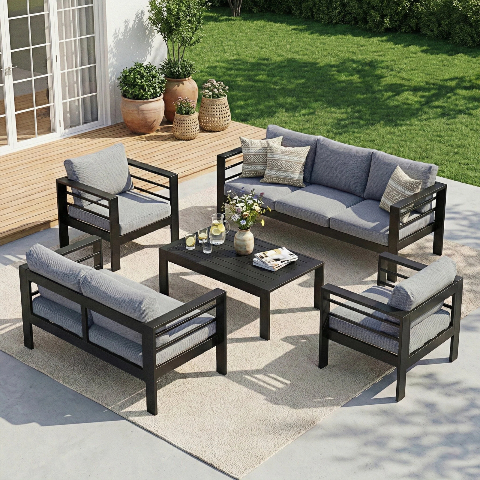 Attention 5pcs. Garden Furniture Set, Lounge Set Aluminum For 6-7 People With Cushions And Coffee Table Indoor Outdoor Balcony (seating Group Dining Group Garden Furniture, Aluminum Frame)