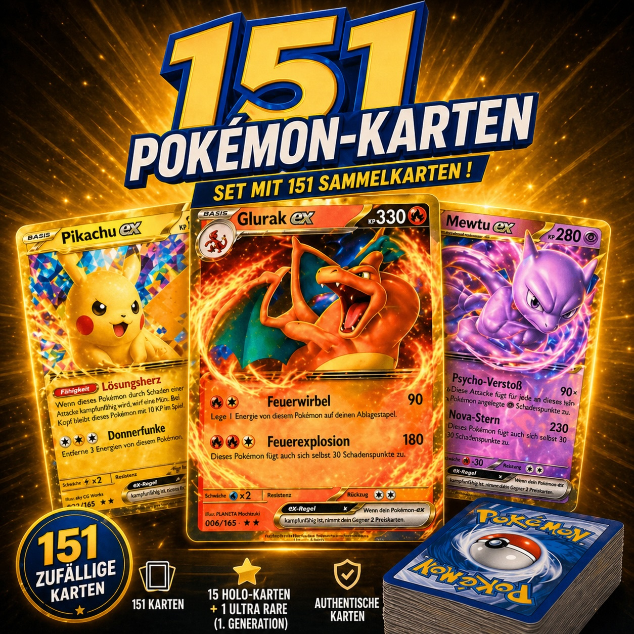 Image of Set Of 151 – 1 Ultra Rare Ex/v/ Card Or Similar 1st Generation Card Guaranteed – 15 Hologram Cards – 100% Genuine – Random Assortment – German Version