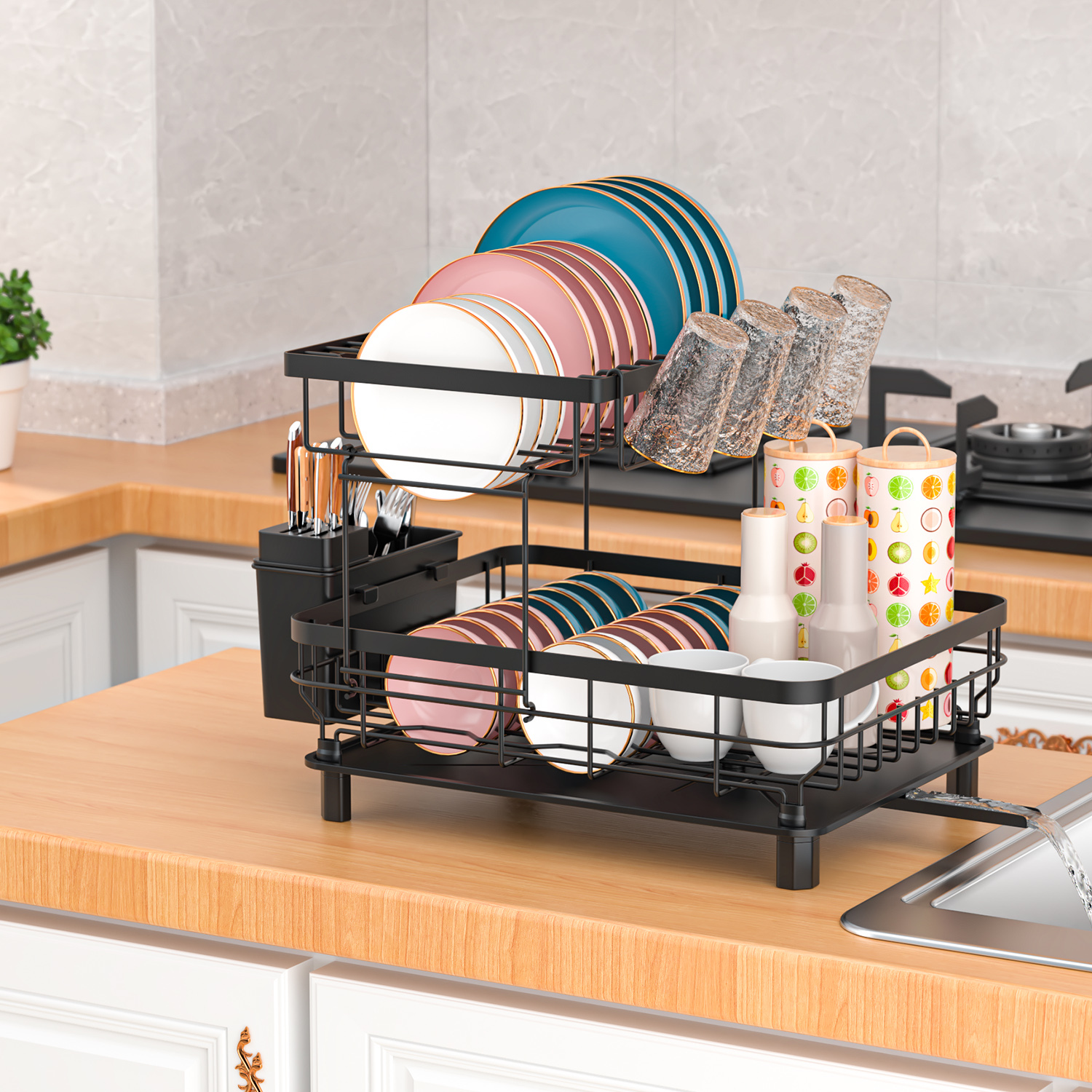 dish drainer rack 2 tier dish drainer with drip tray dish rack with utensil holder swivel spout draining board for kitchen counter black