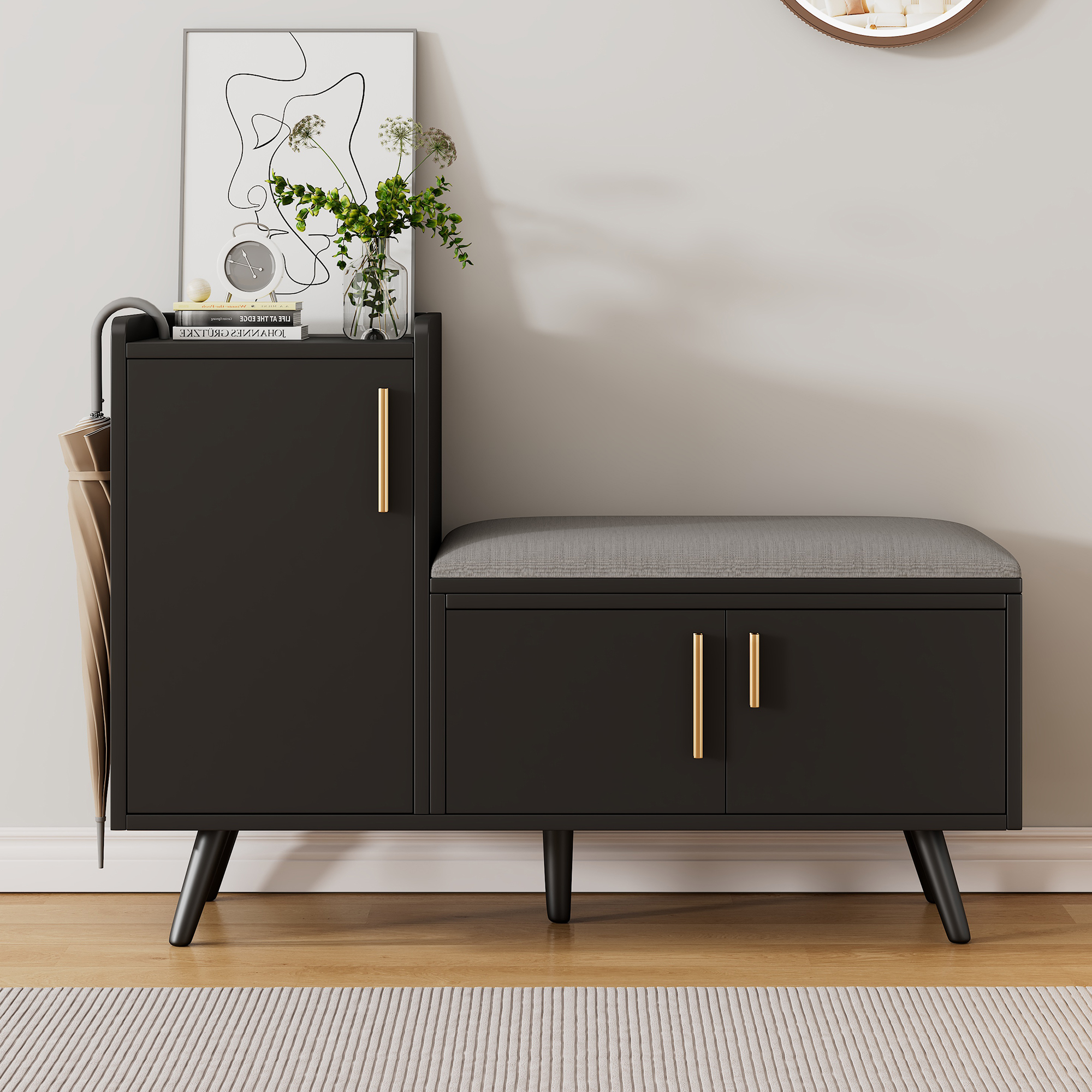 Modern Shoe Bench With 3 Storage Doors And Seat Cushion, Bench With Asymmetrical Metal Handles, Made Of Chipboard, In And Black, Dimensions: X D34 X H68.5 Cm
