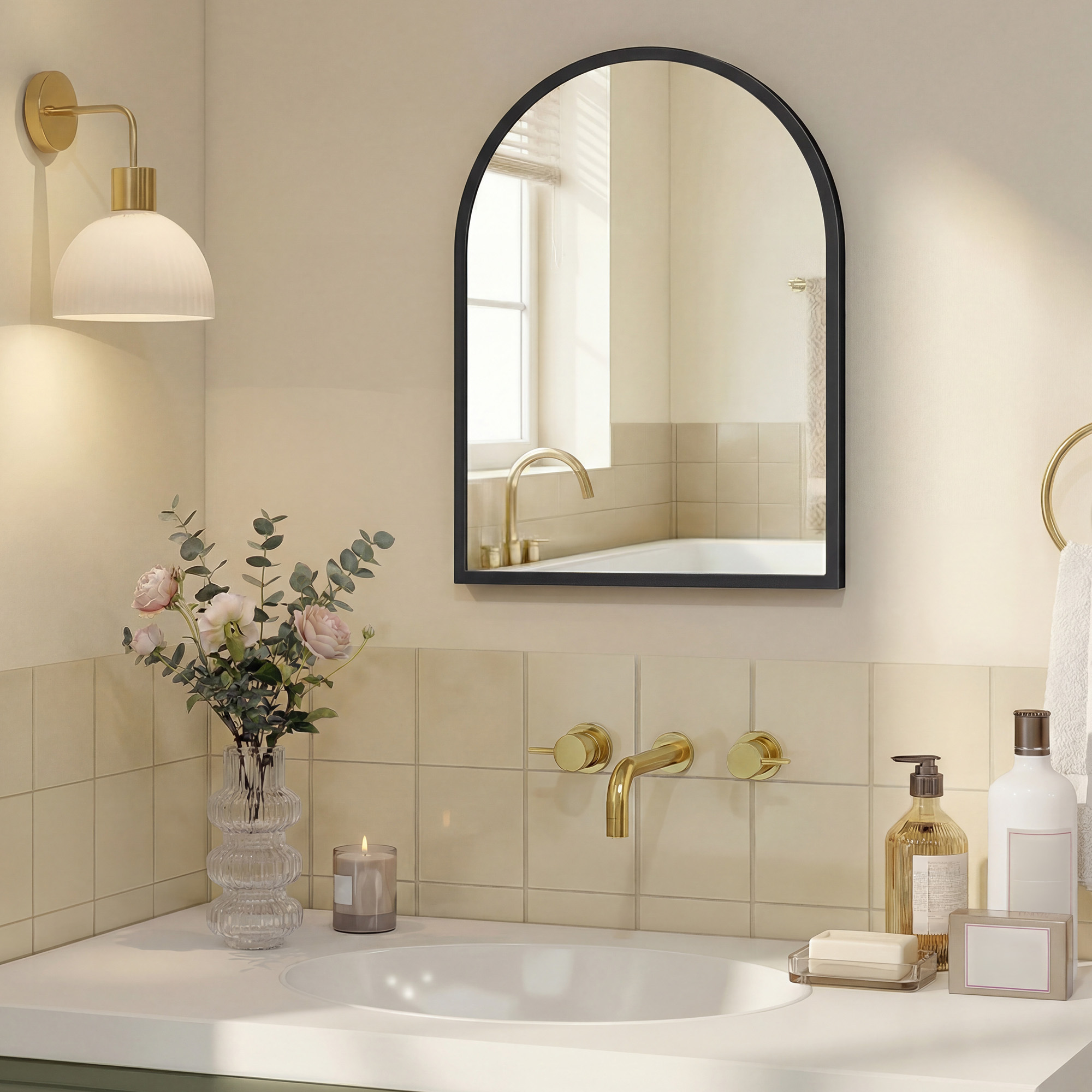 Image of Bathroom Mirror, 40 X 30 Cm, Wall Mirror, Acrylic, Arched / Curved Mirror With Aluminum Frame, With , , For Living Room, Bedroom, Bathroom, Ink Black