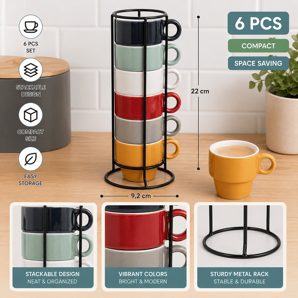 6- Rack With Stand – Compact Cup Holder, Vertical Kitchen Storage