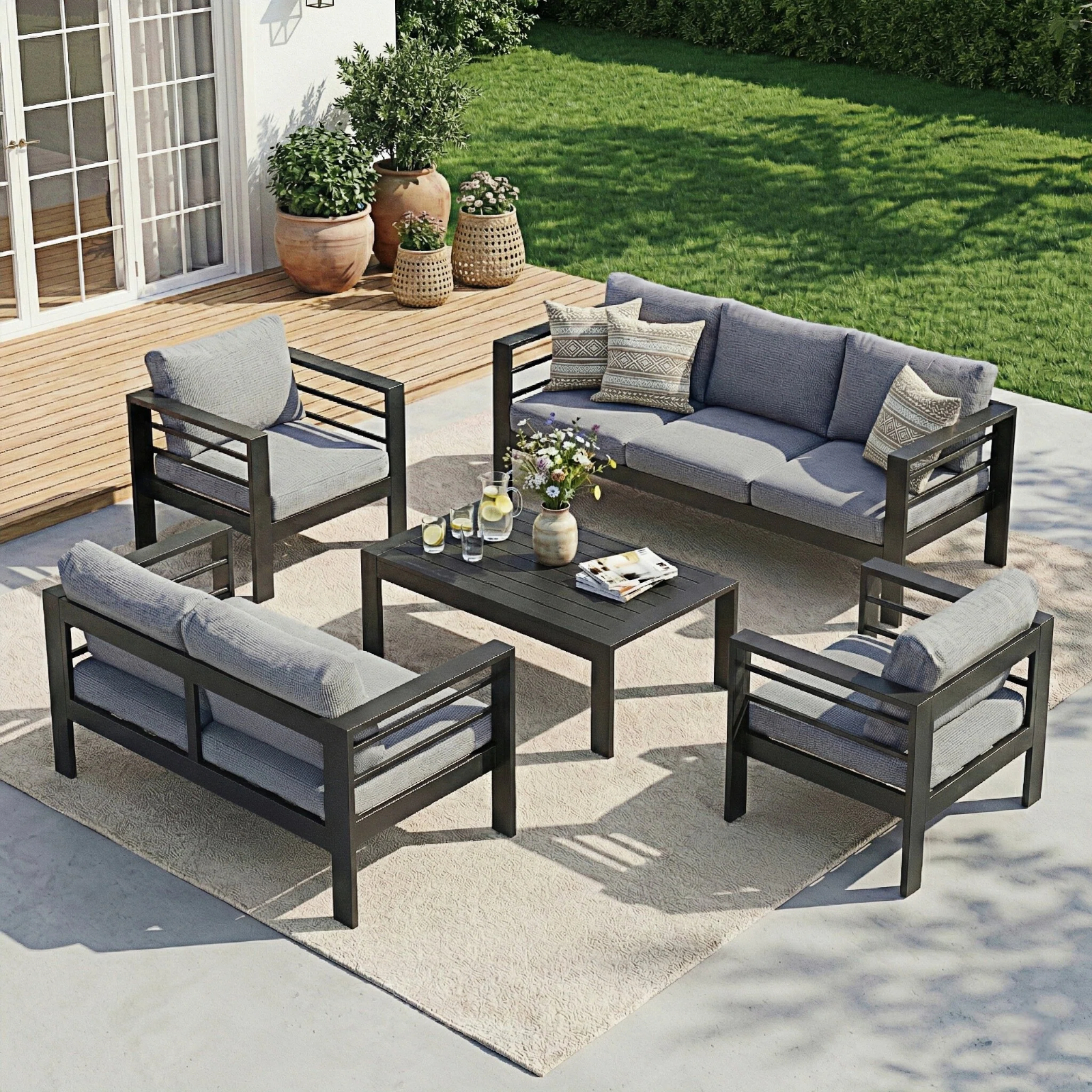 Image of Attention 5pcs. Garden Furniture Set, Lounge Set Aluminum For 6-7 People With Cushions And Coffee Table Indoor Outdoor Balcony (seating Group Dining Group Garden Furniture, Aluminum Frame)